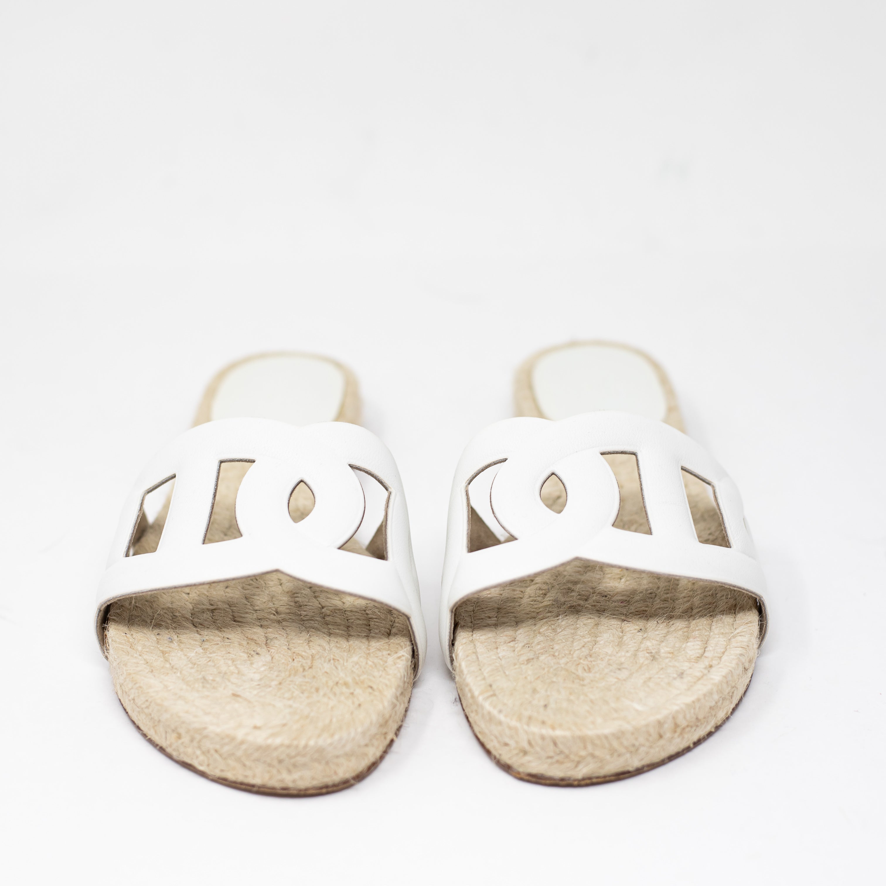 Hermes Famosa Genuine Leather Open Toe Espadrille Woven Slip On Flat Sandal Shoe