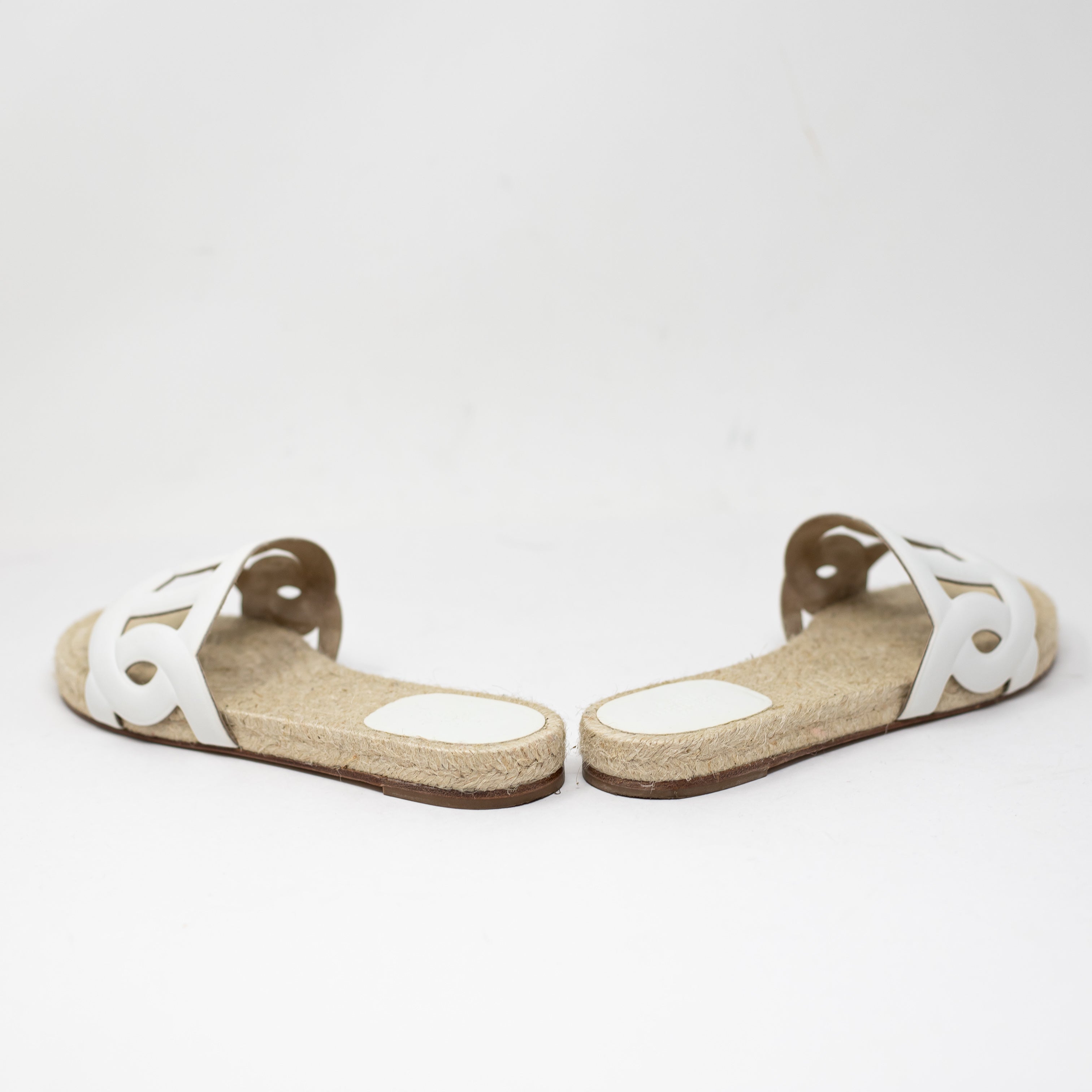 Hermes Famosa Genuine Leather Open Toe Espadrille Woven Slip On Flat Sandal Shoe