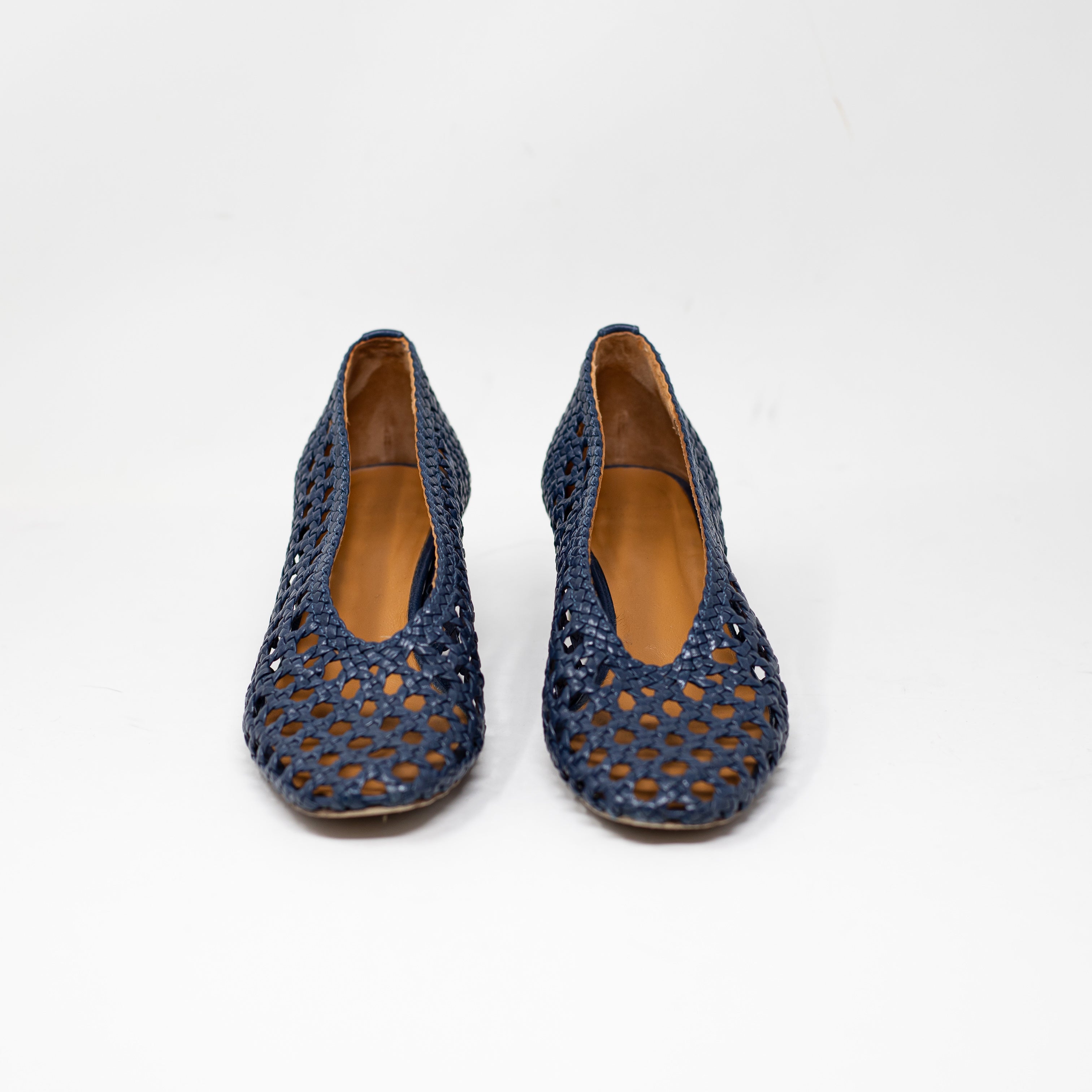 Sezane Anya Genuine Leather Crochet Woven Block High Heels Shoes Navy Blue 7