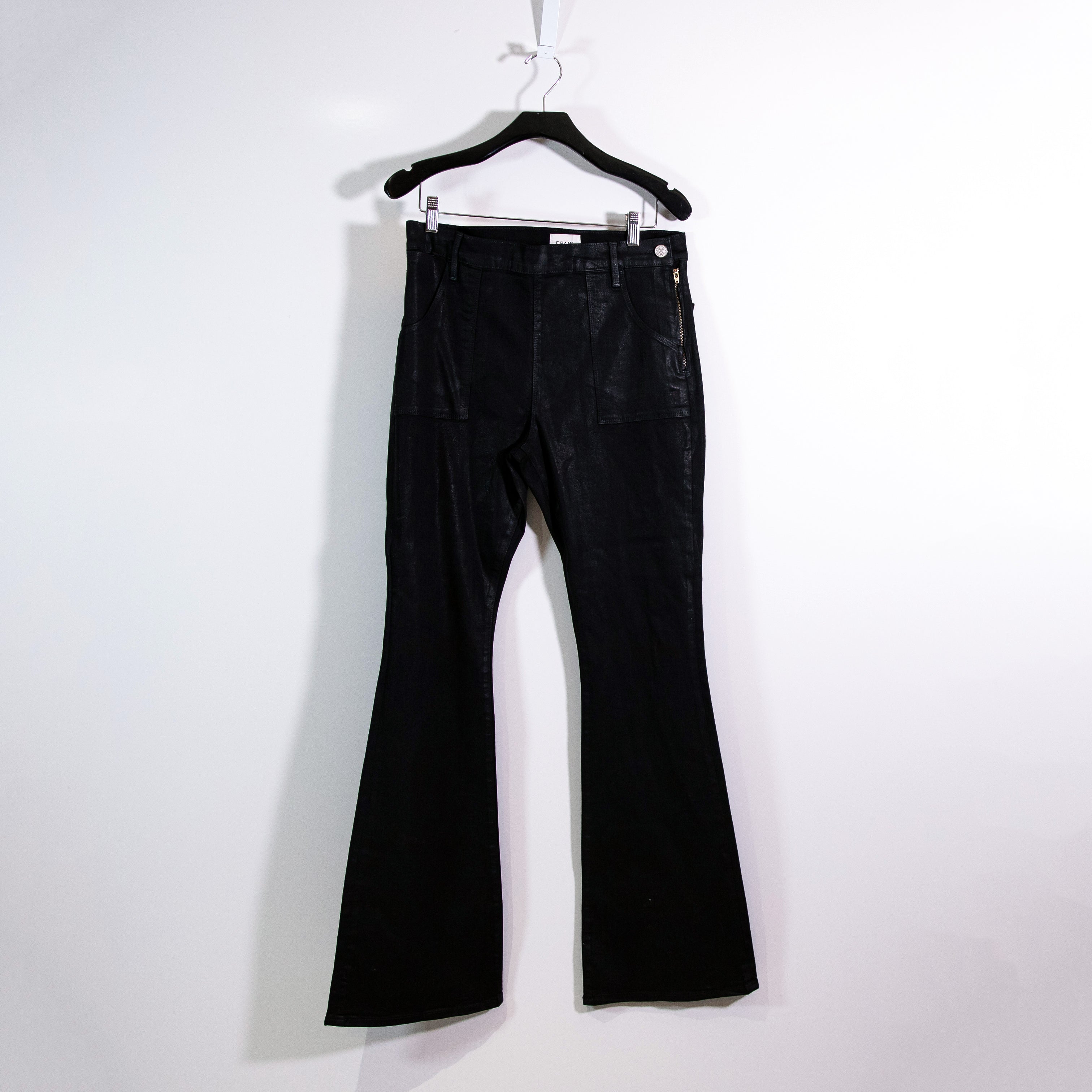 Frame Denim Le Flare de Francois High Rise Flare Jeans Black Noir Coated Pants