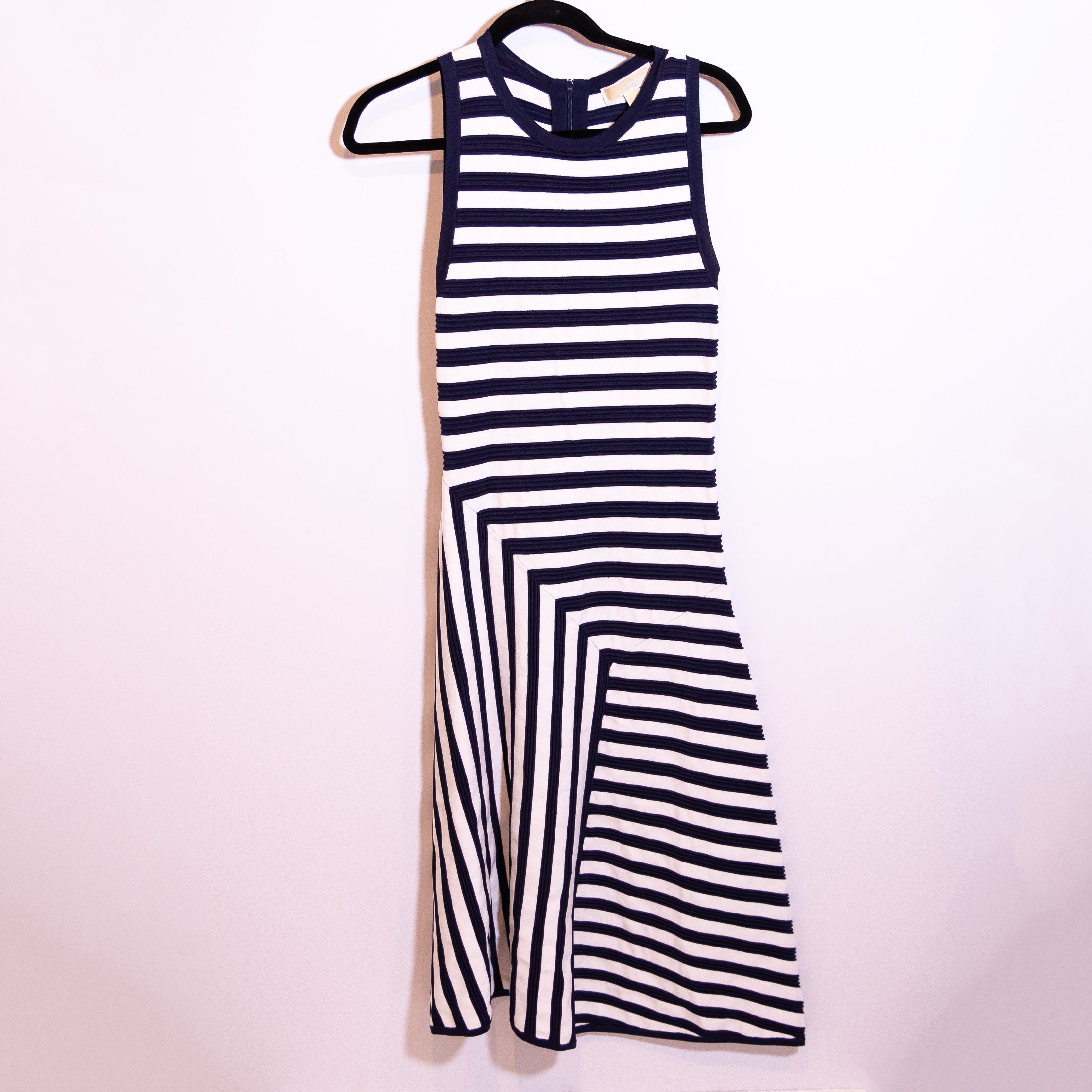 Michael Kors Blue White Stretch Knit Asymmetrical Stripe Midi A Line Dress Small