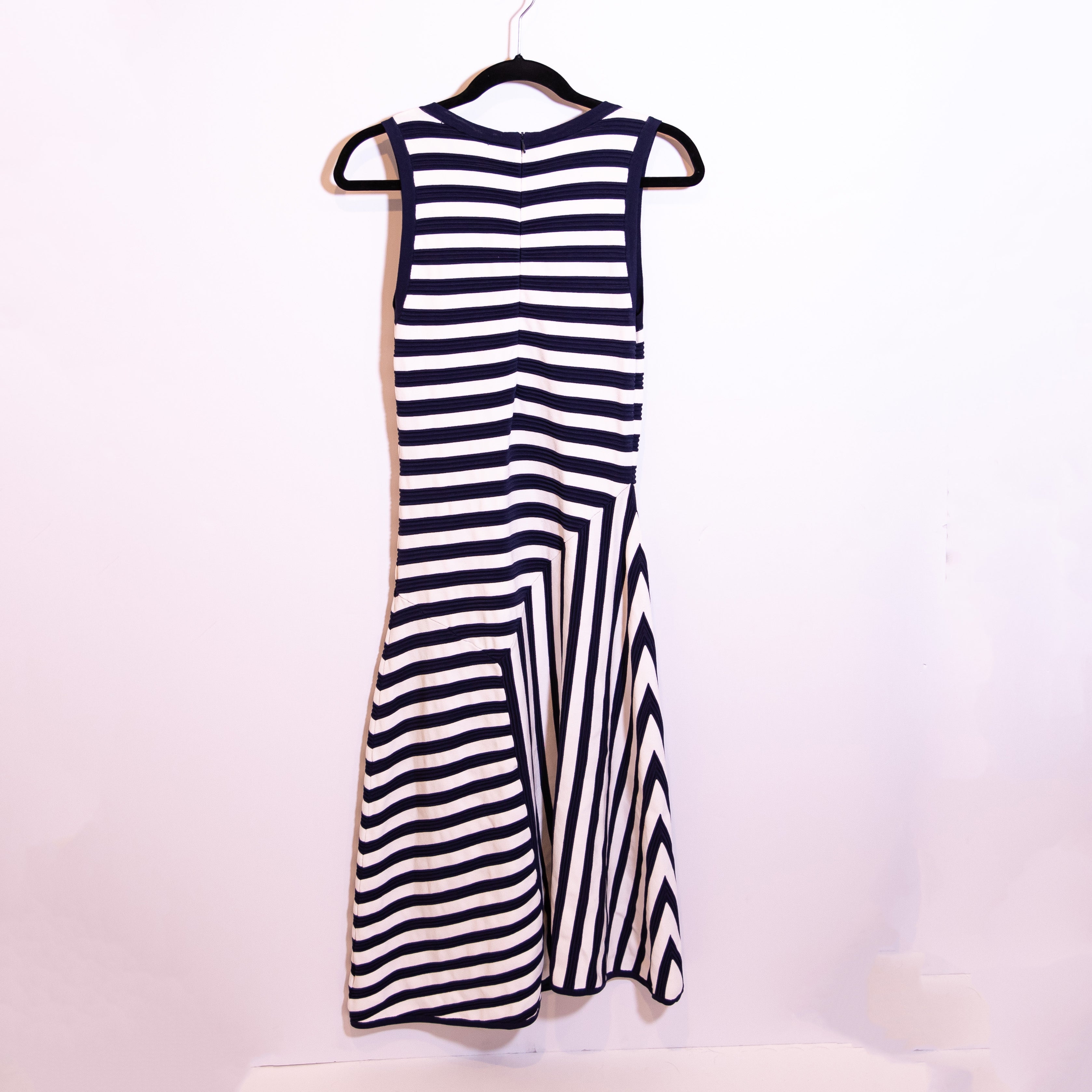 Michael Kors Blue White Stretch Knit Asymmetrical Stripe Midi A Line Dress Small