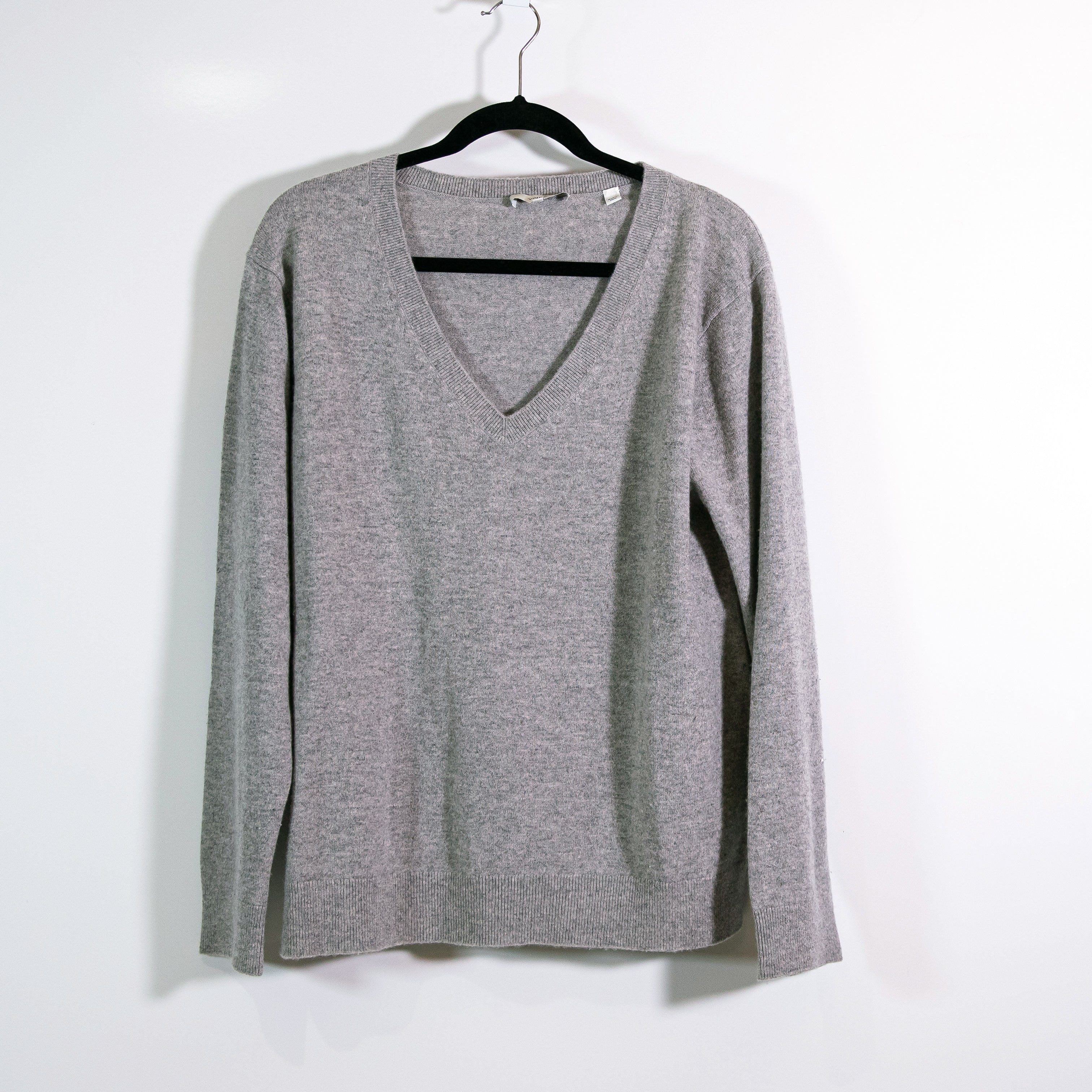 Vince Women's Cashmere Knit V Neck Pullover Weekend Sweater Heather Steel Large