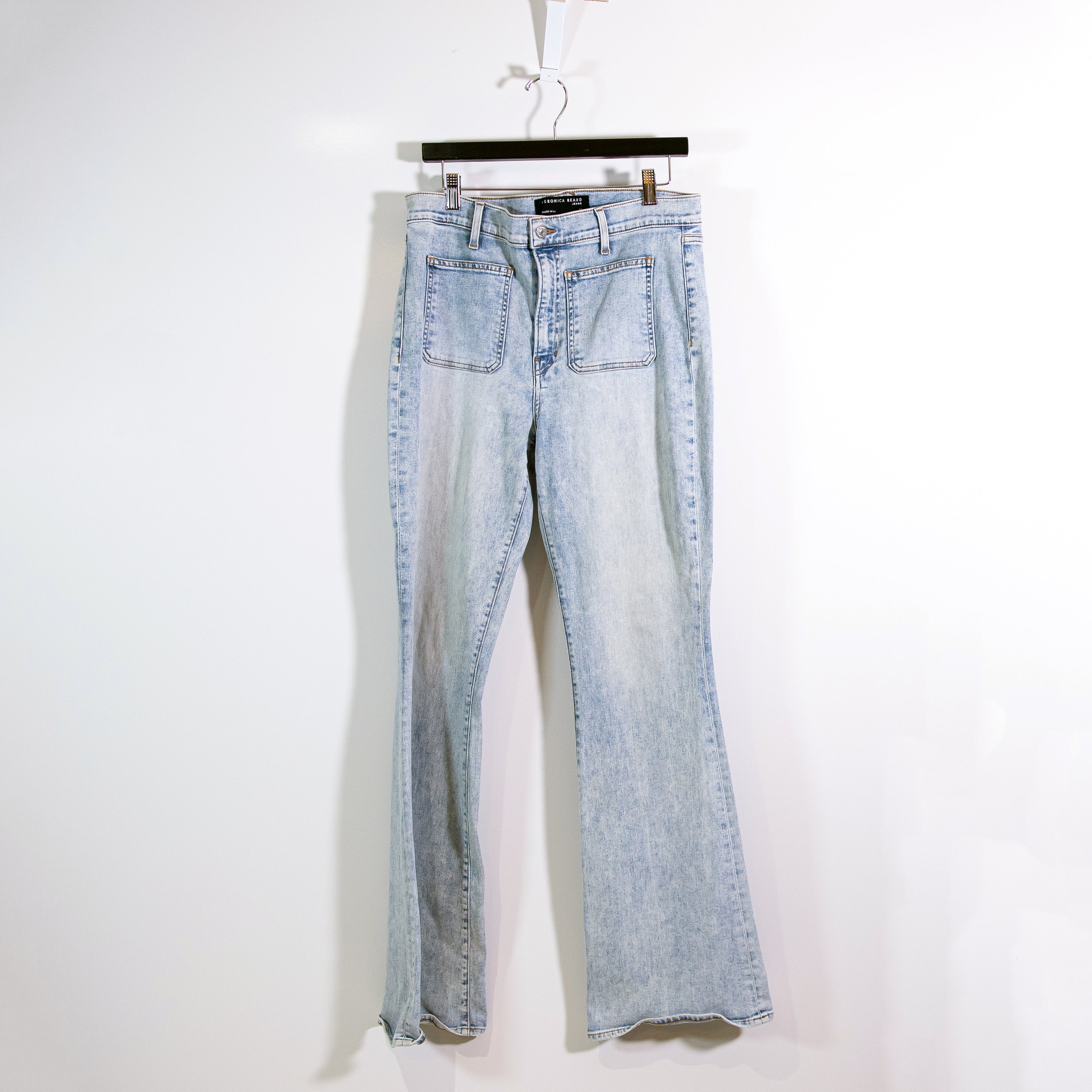 Veronica Beard Florence Cotton High Rise Flare Jeans Denim in Cape Wash Blue 32