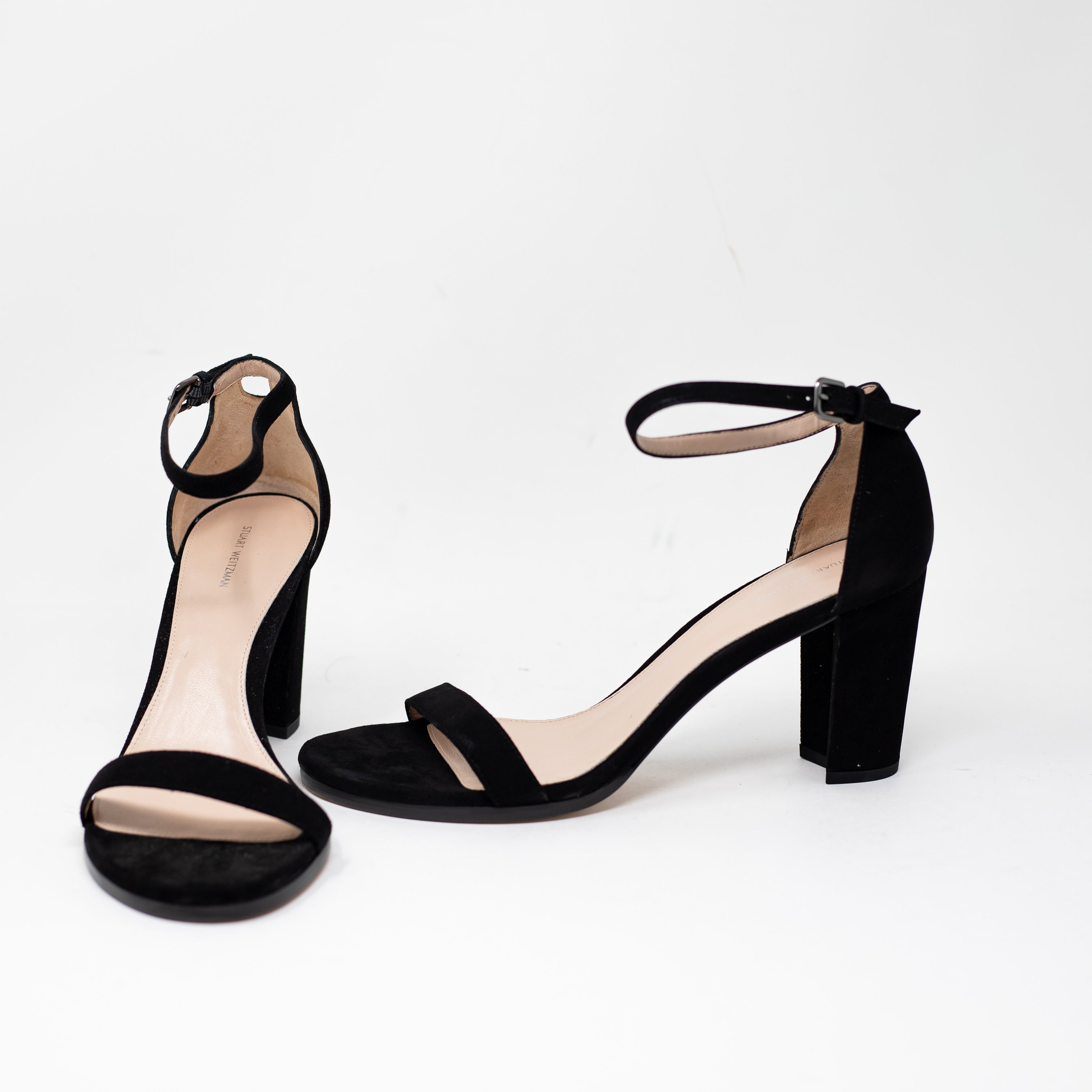 NEW Stuart Weitzman Nearly Genuine Suede Leather Block High Heels Sandals Black