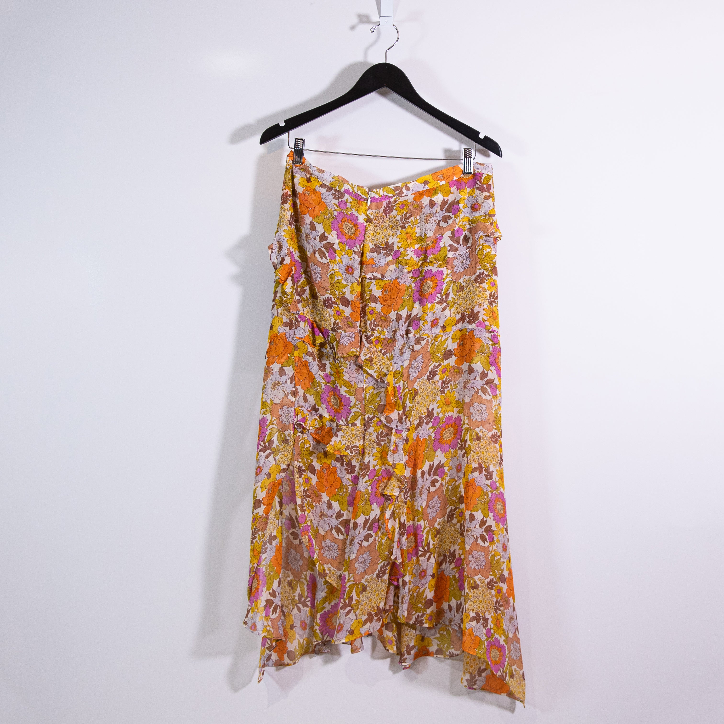 Veronica Beard Eleonora Silk Chiffon Ruffle Slit Garden Floral Print Midi Skirt