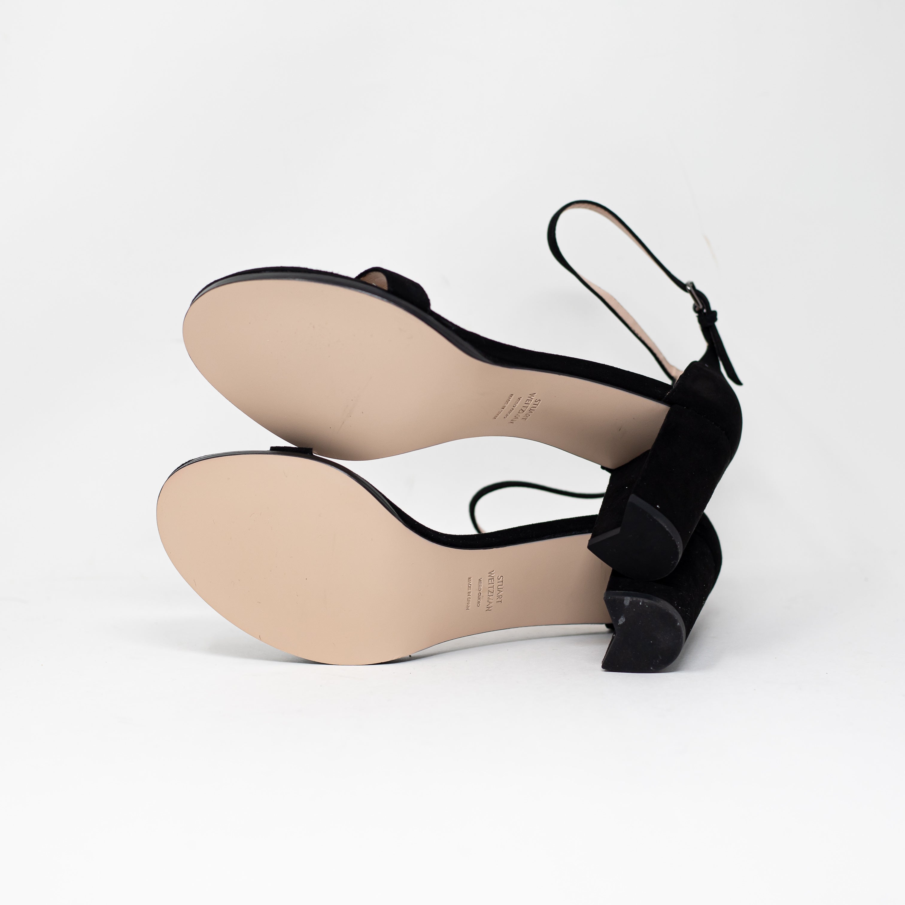 NEW Stuart Weitzman Nearly Genuine Suede Leather Block High Heels Sandals Black