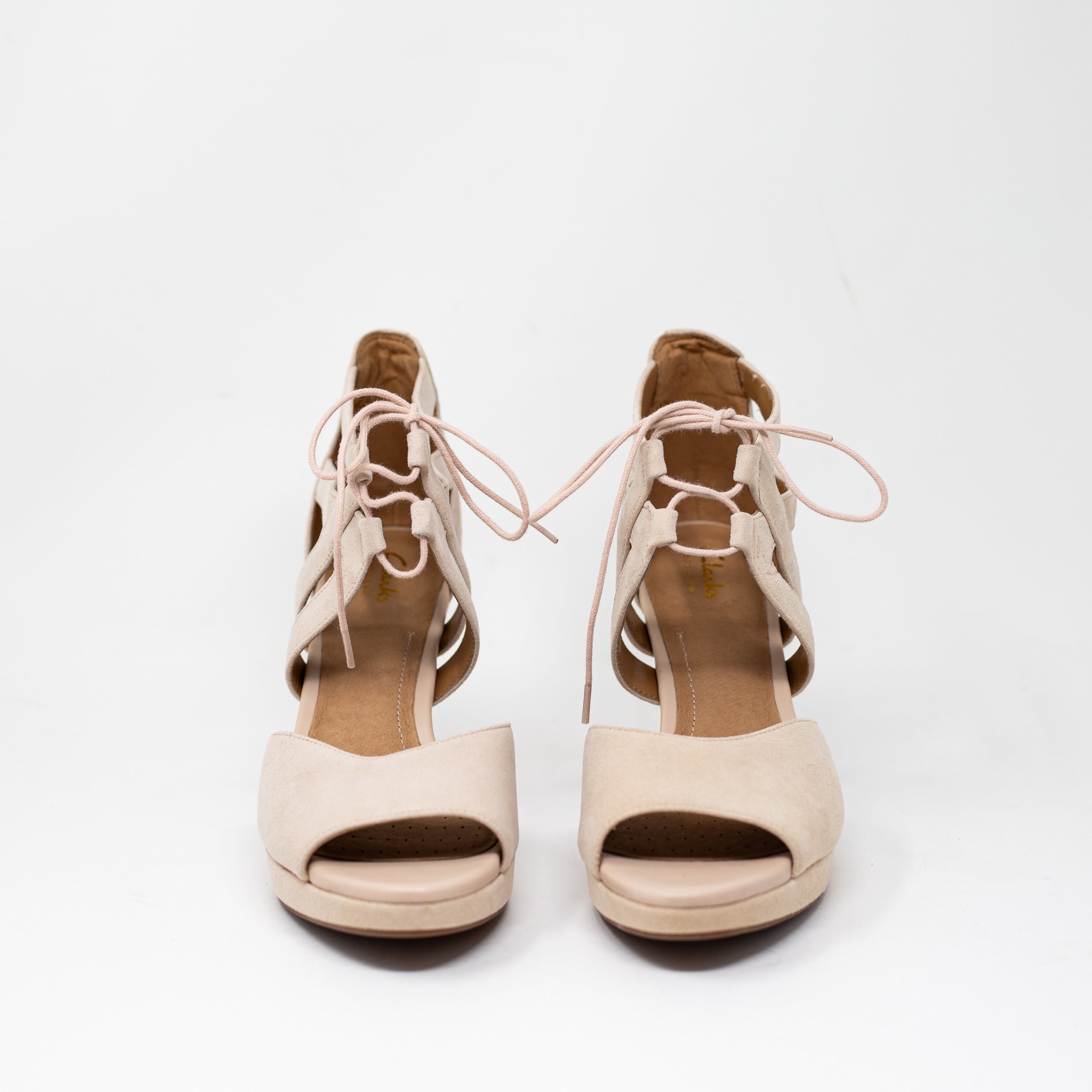 NEW Clarks Women's Mayra Elie Genuine Suede Leather Strappy Heels Nude Beige 9