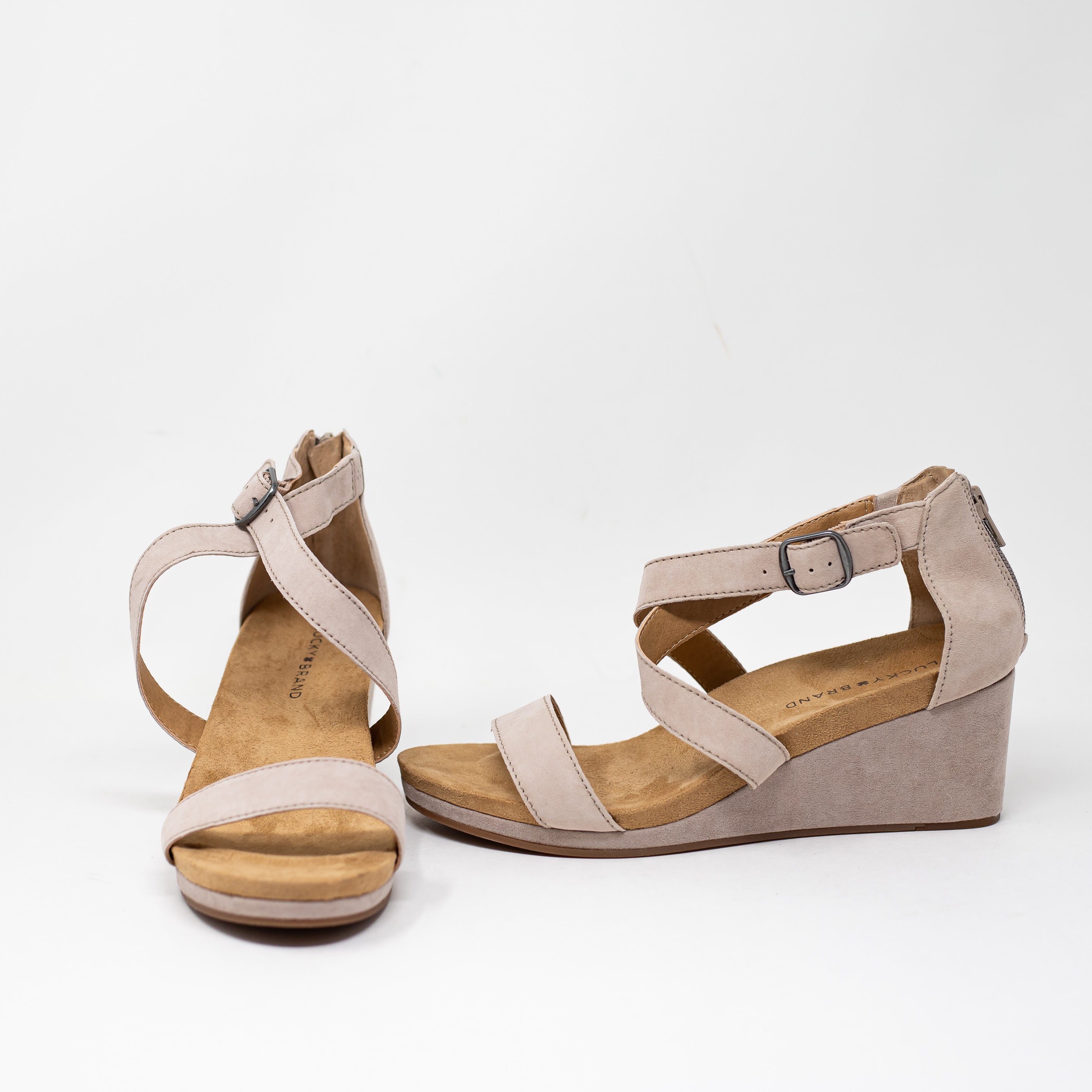 NEW Lucky Brand Kenadee Genuine Suede Leather Wedge Sandals Heels Tipsy Taupe 9