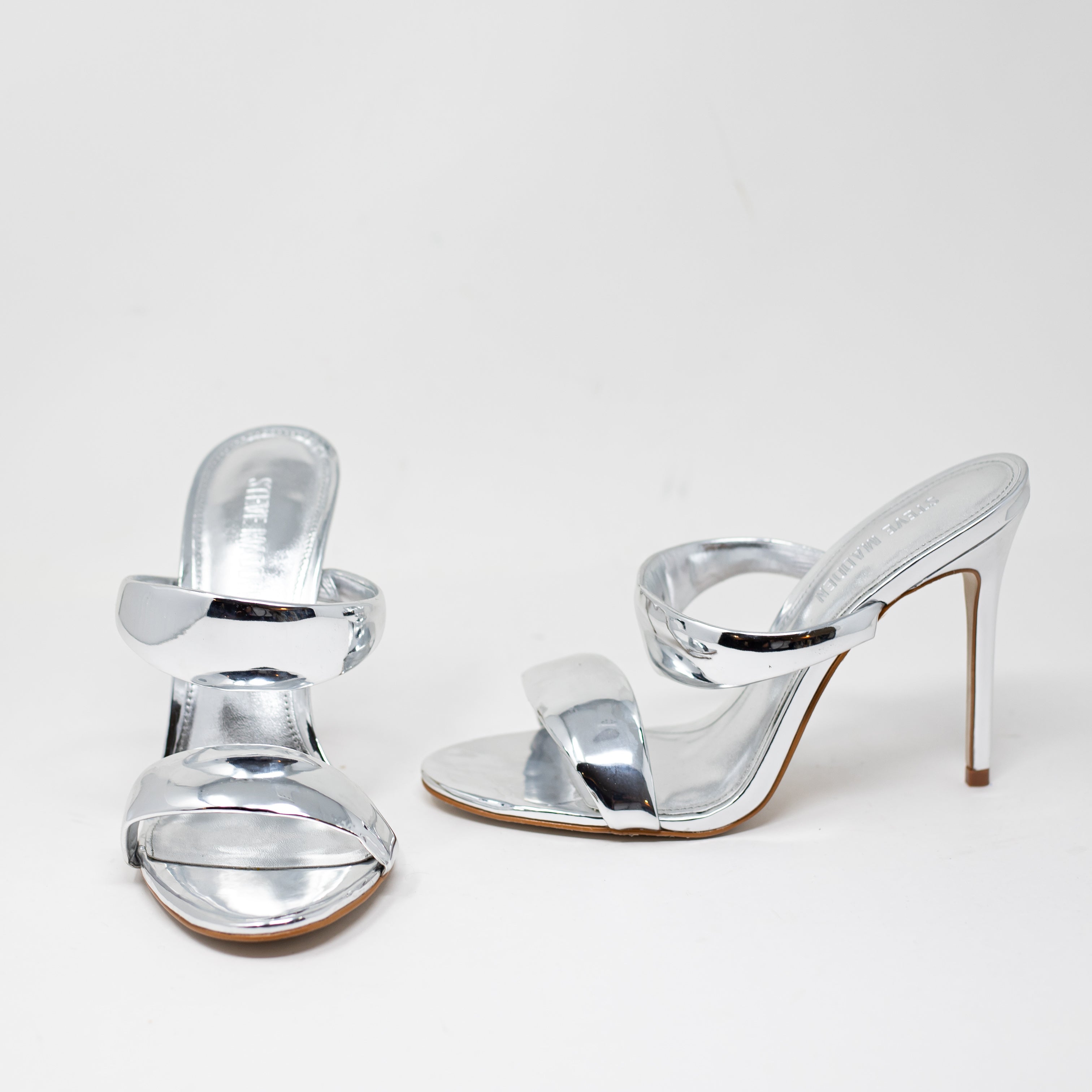 NEW Steve Madden Saturn Metallic Silver Faux Leather Strappy High Heels Shoes 9