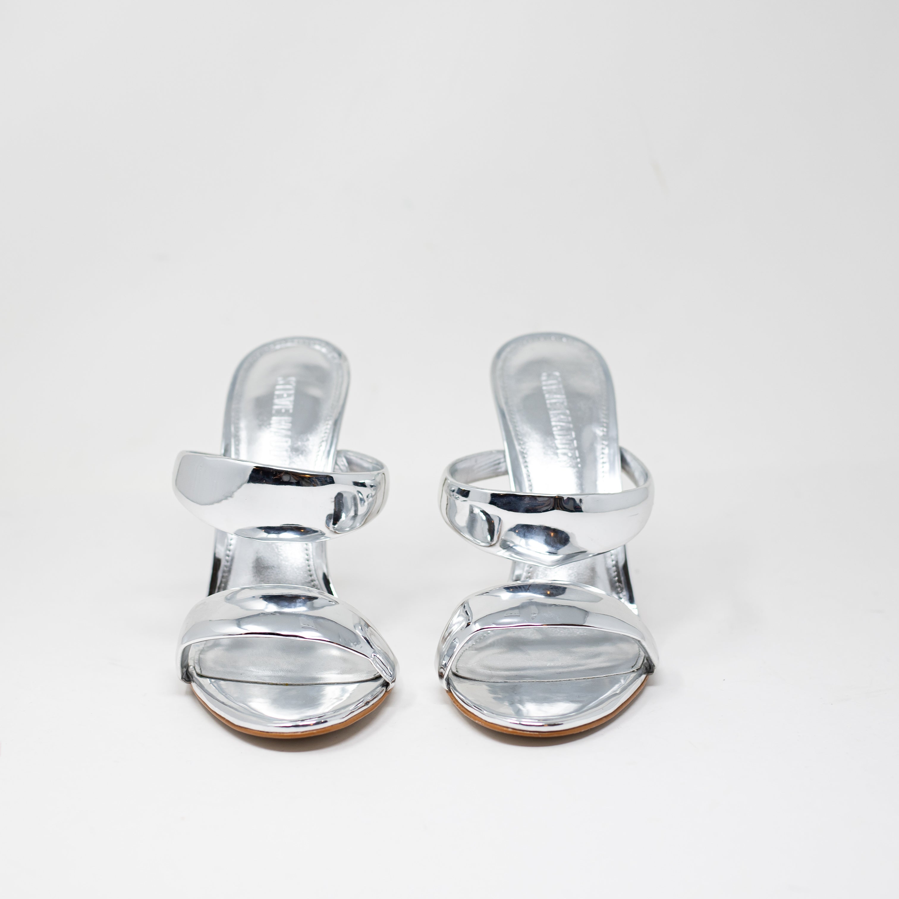 NEW Steve Madden Saturn Metallic Silver Faux Leather Strappy High Heels Shoes 9