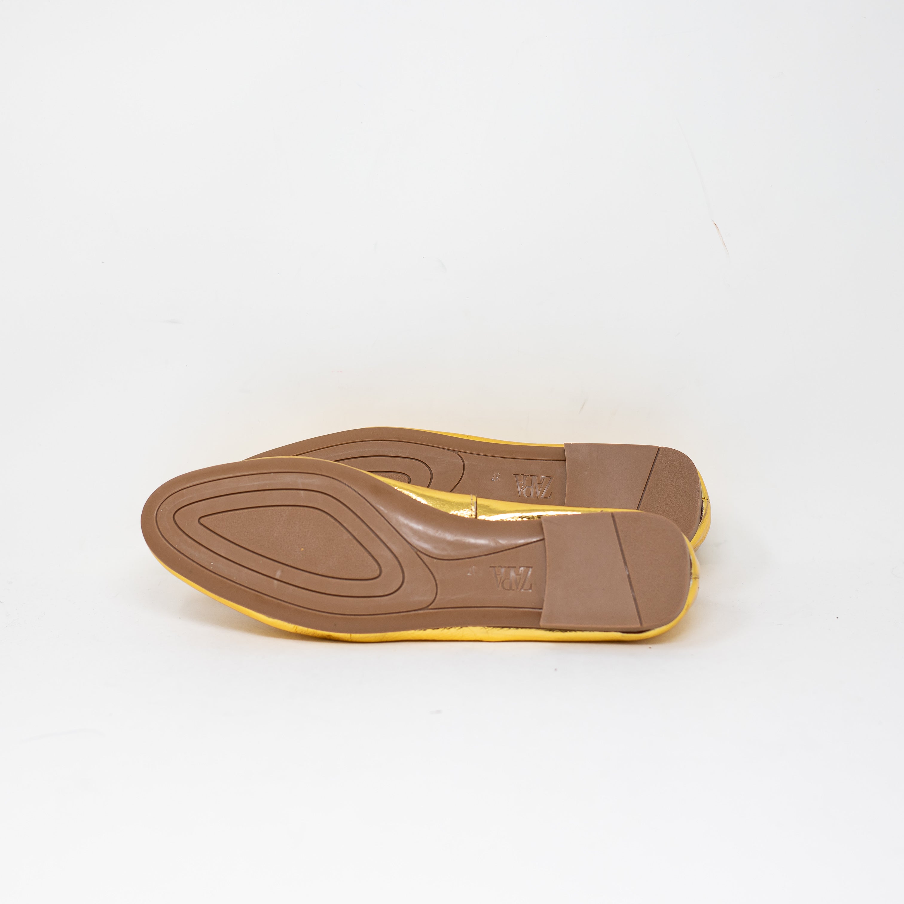 NEW Zara Women's Genuine Leather Metallic Gold Round Toe Slip On Ballet Flats