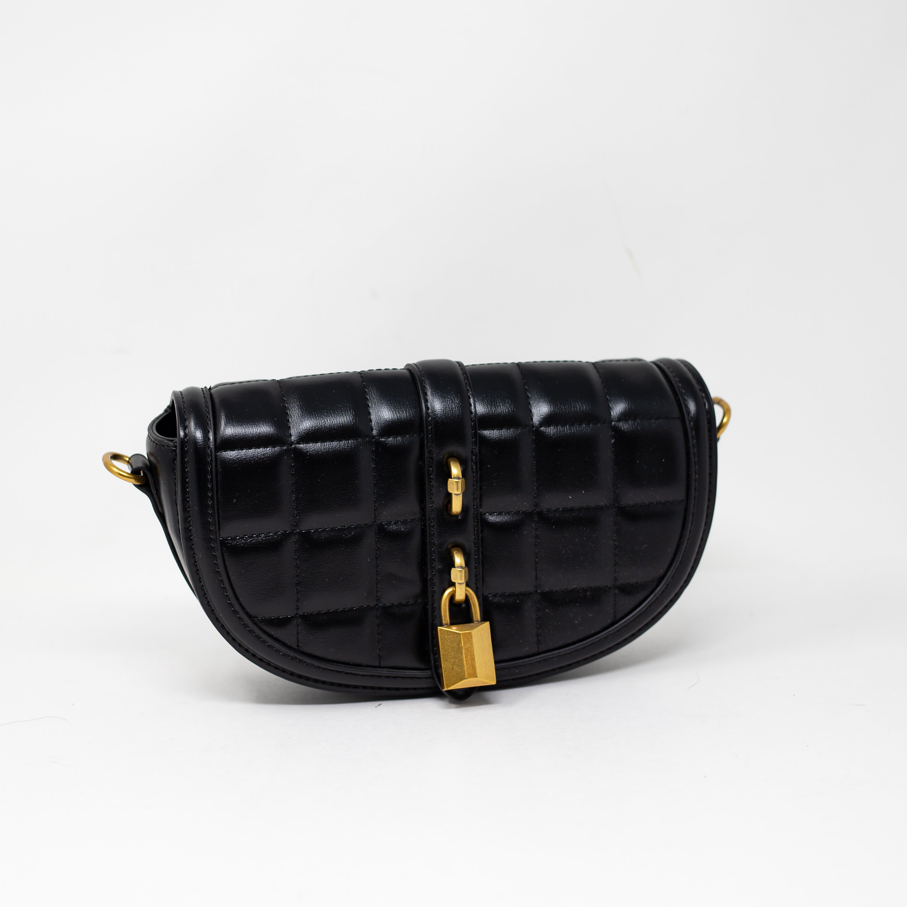 Zara Faux Vegan Leather Quilted Follower Pad Lock Half Circle Purse Bag Clutch