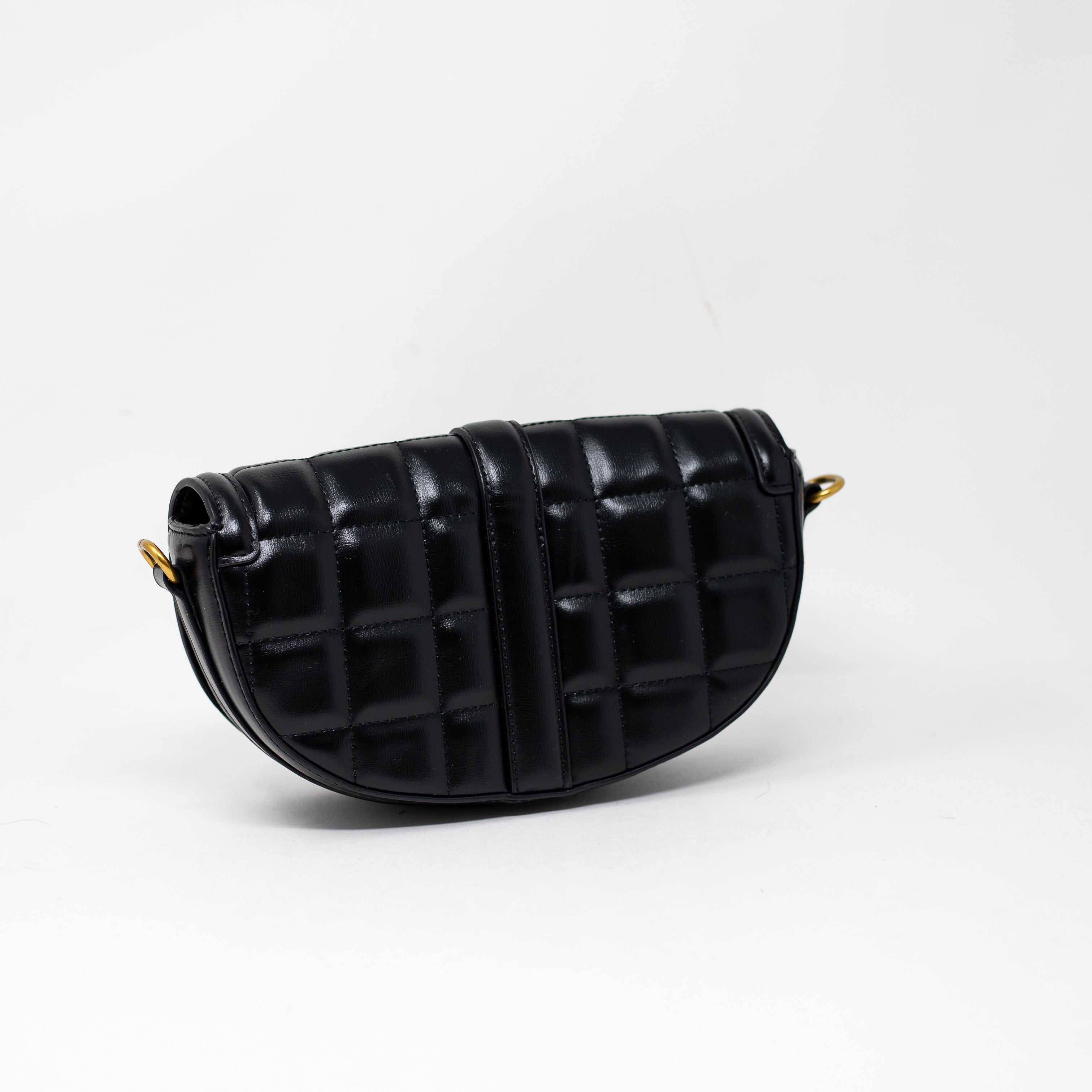 Zara Faux Vegan Leather Quilted Follower Pad Lock Half Circle Purse Bag Clutch
