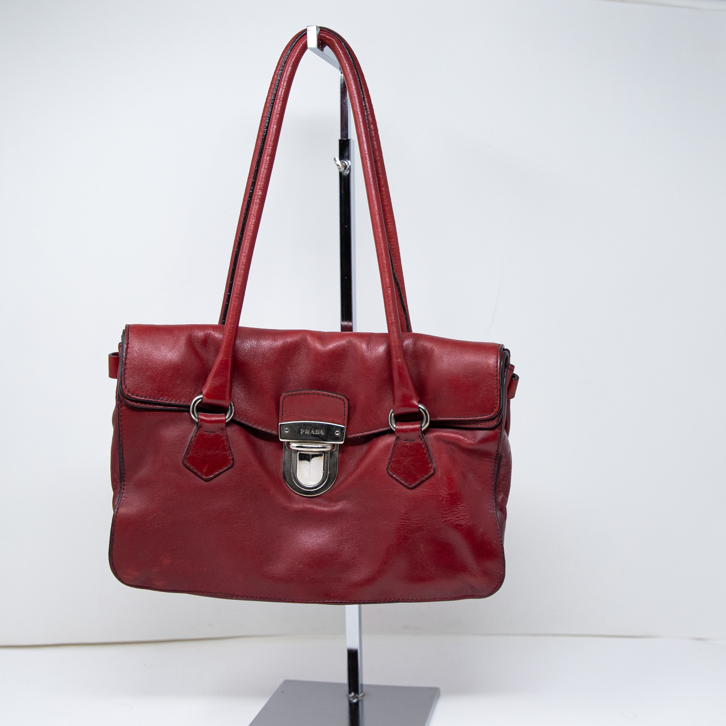Prada Vintage Vitello Easy Bag Genuine Leather Shoulder Purse Bag Tote Red