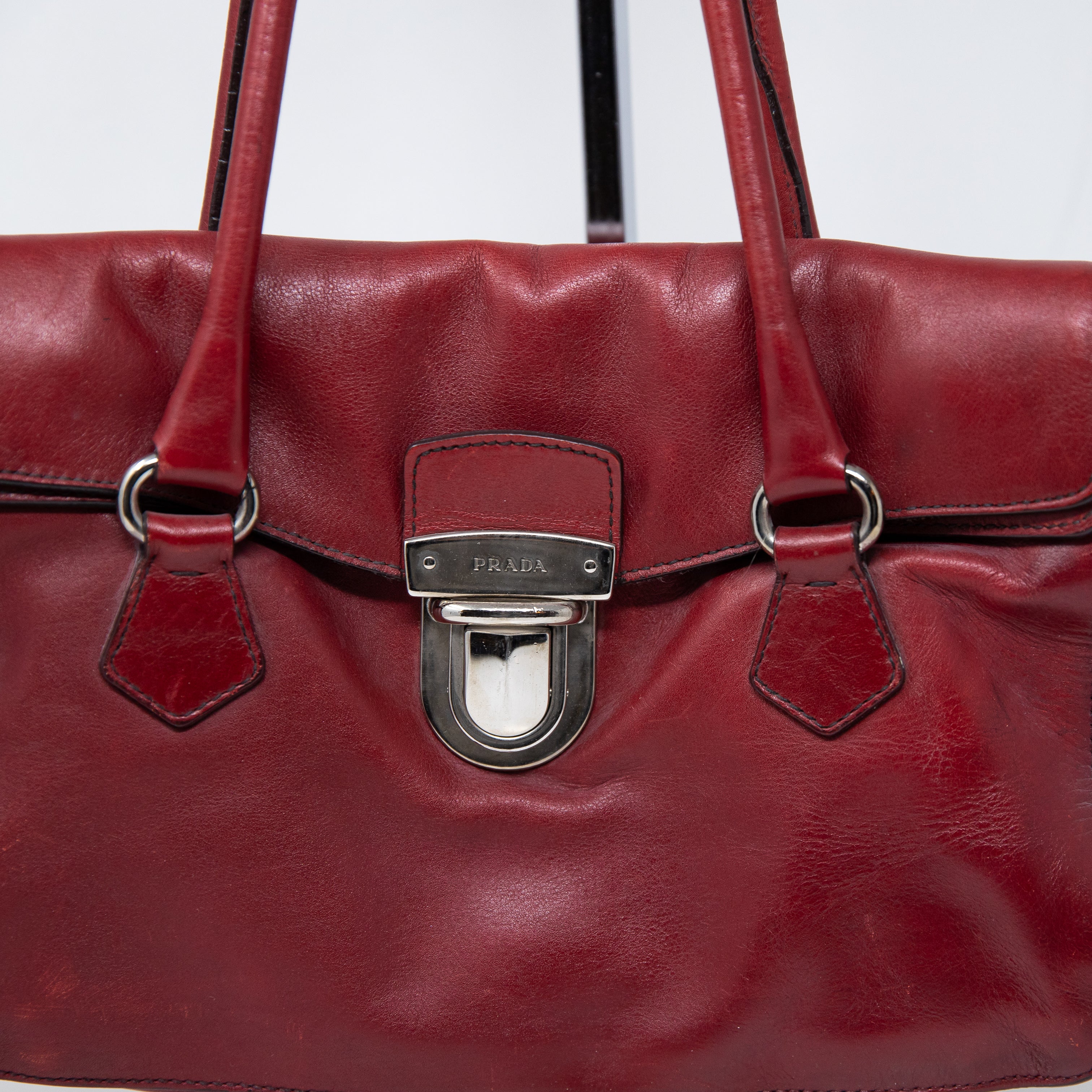 Prada Vintage Vitello Easy Bag Genuine Leather Shoulder Purse Bag Tote Red