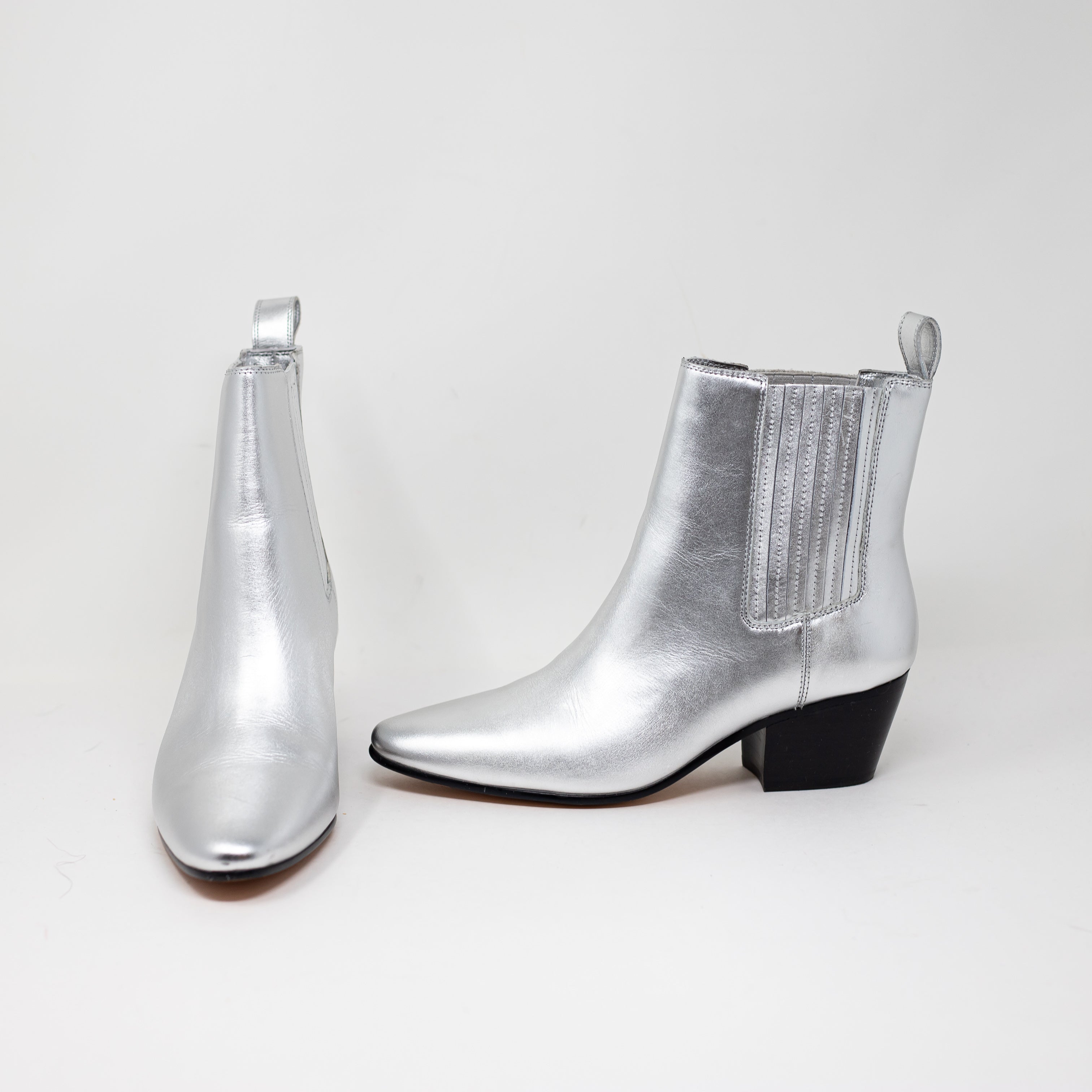 J. Crew Women's Piper Genuine Leather Ankle Block Heel Silver Metallic Booties