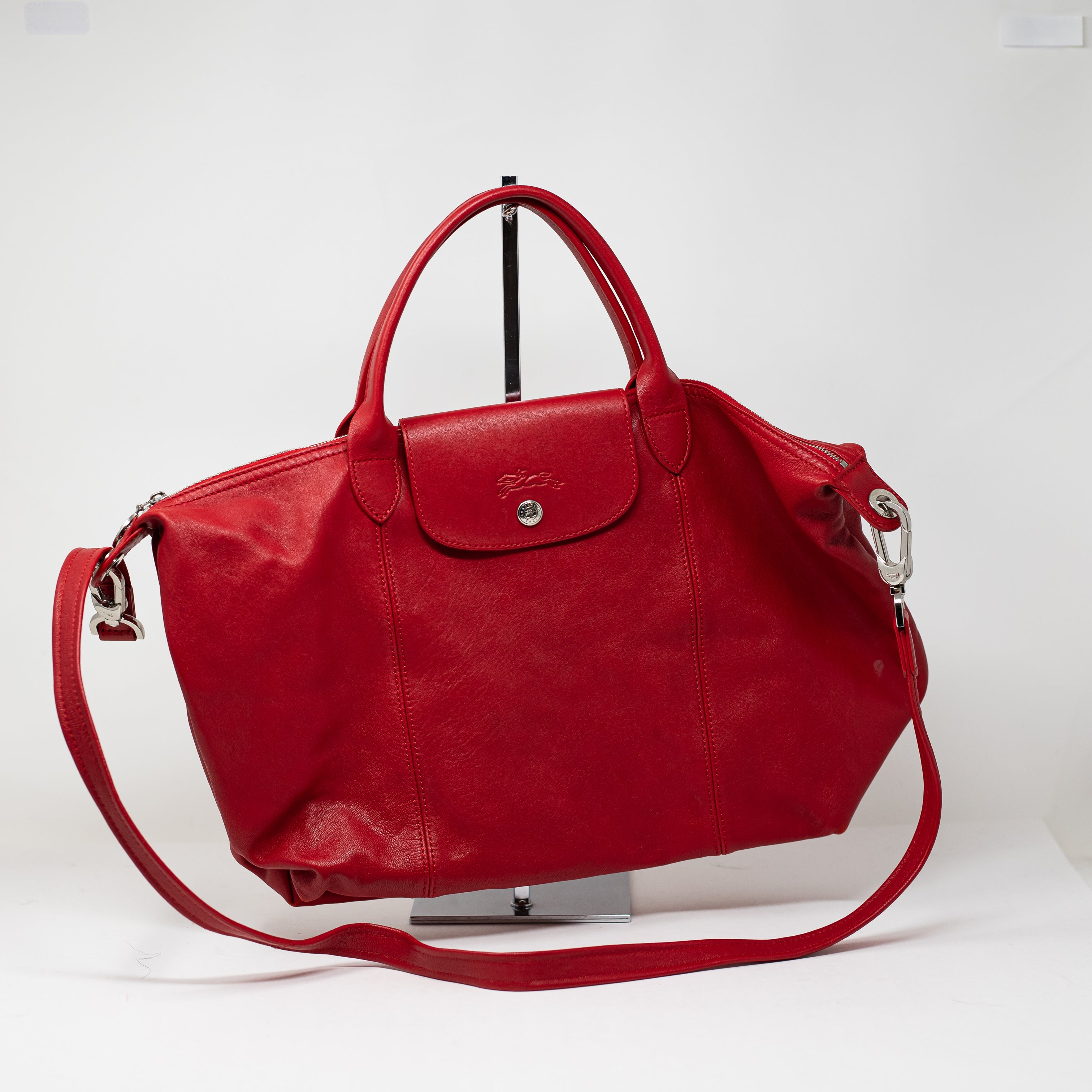 Longchamp Le Pliage Cuir Medium Genuine Leather Crossbody Satchel Bag Purse Red
