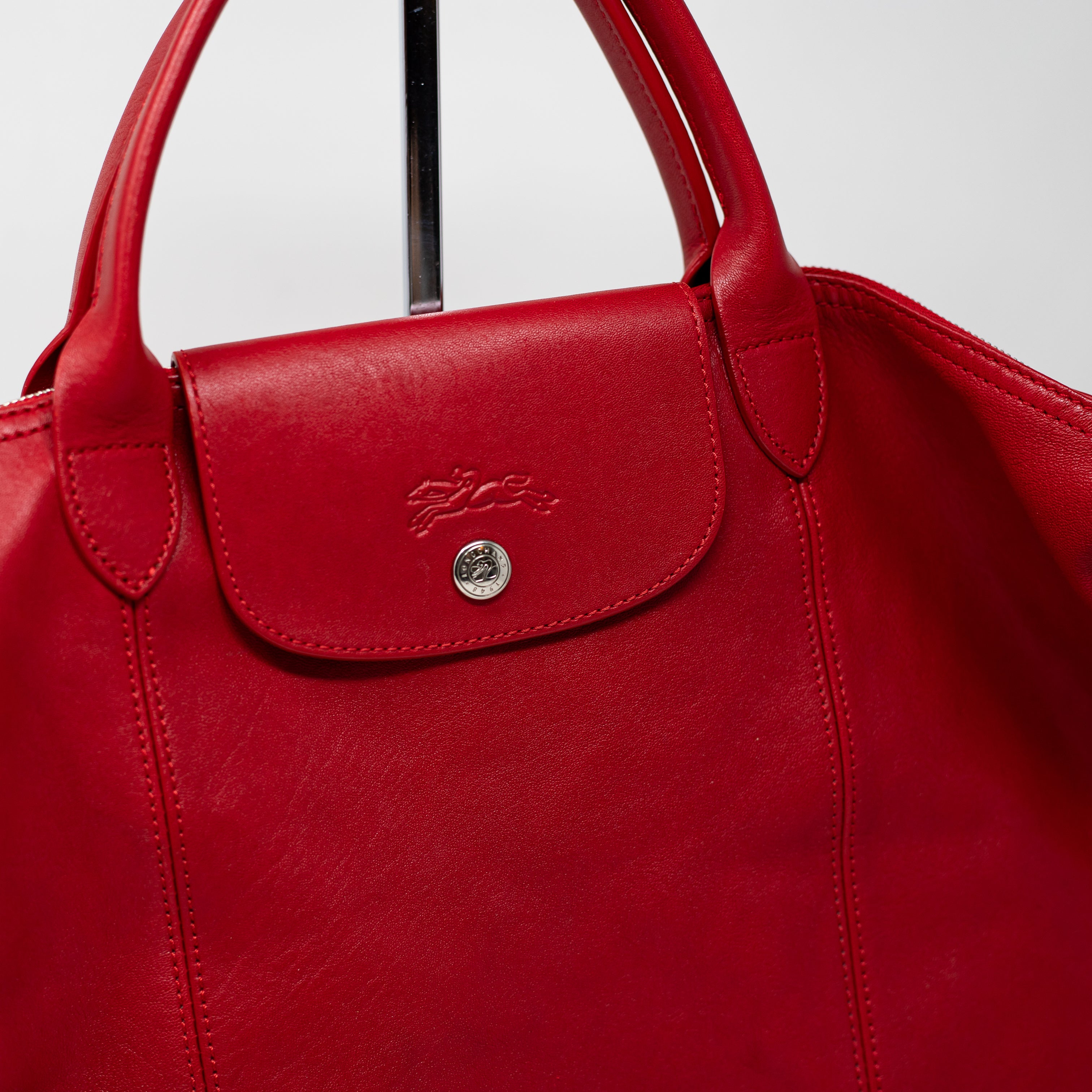 Longchamp Le Pliage Cuir Medium Genuine Leather Crossbody Satchel Bag Purse Red