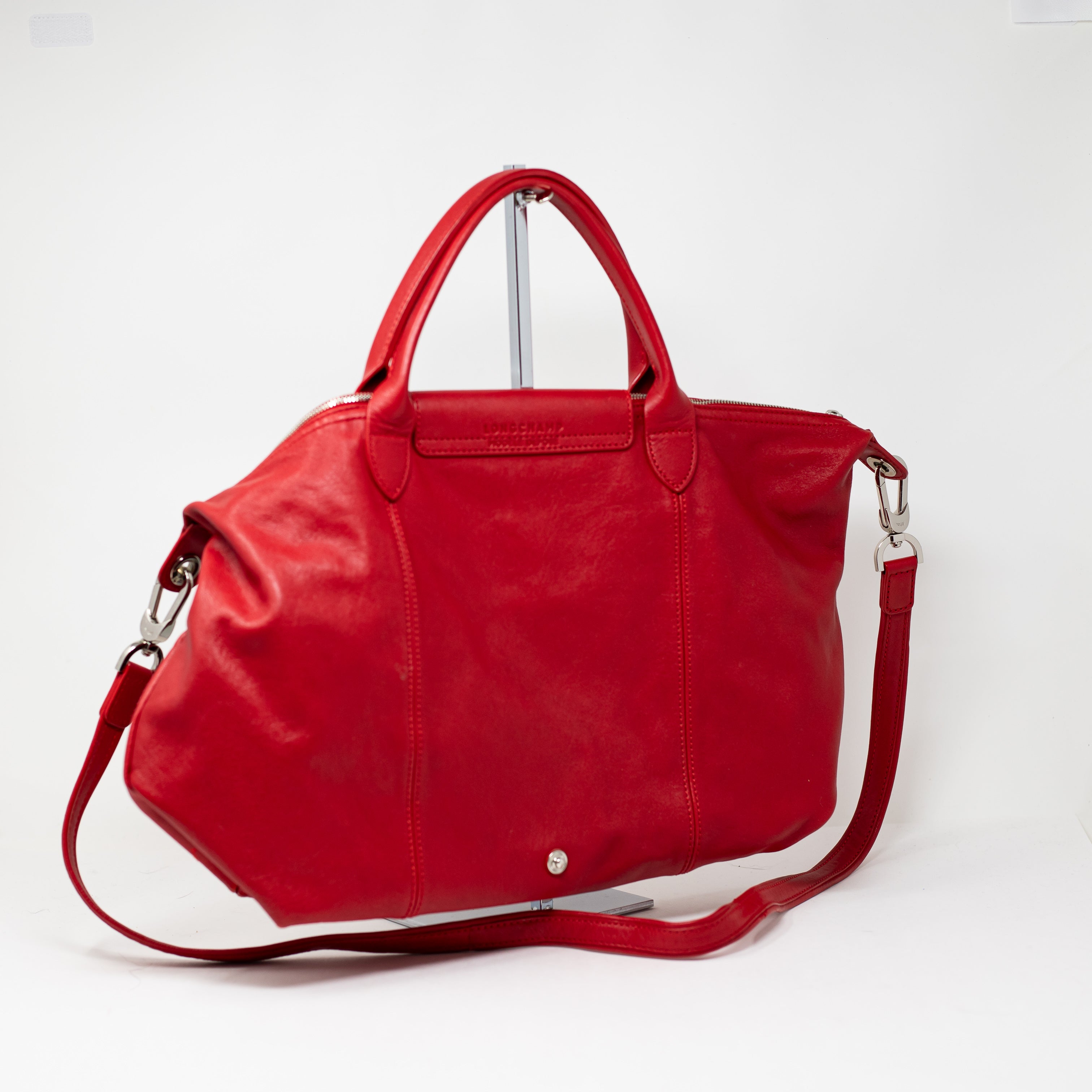 Longchamp Le Pliage Cuir Medium Genuine Leather Crossbody Satchel Bag Purse Red
