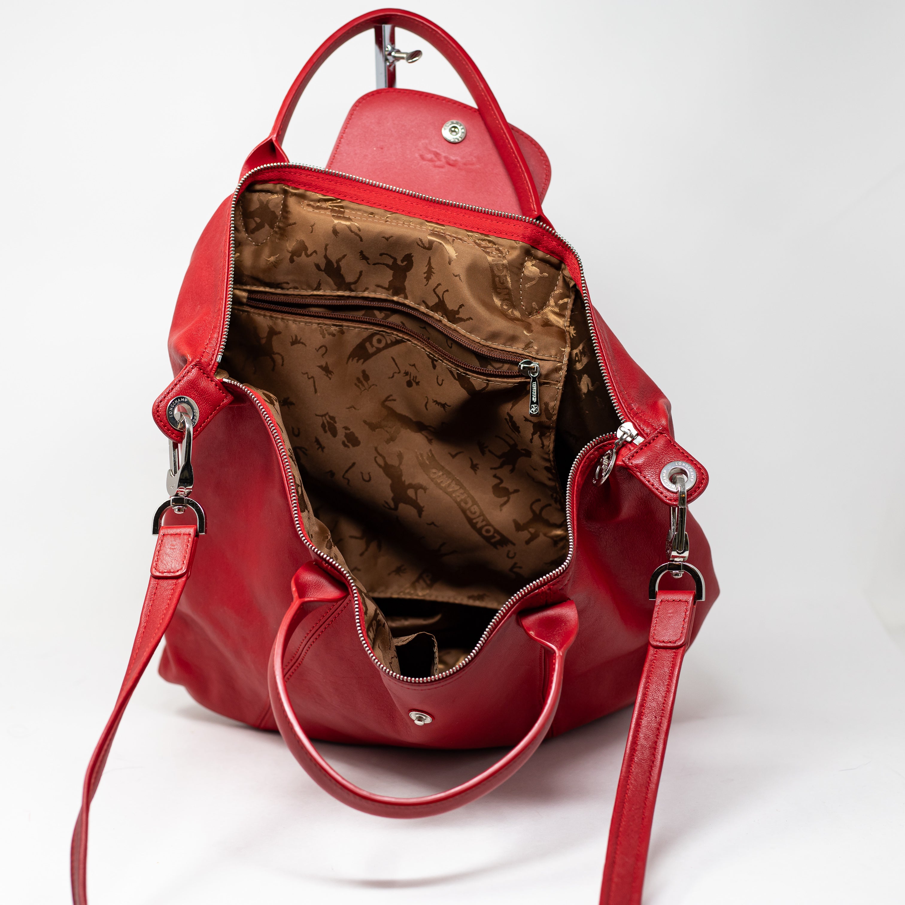 Longchamp Le Pliage Cuir Medium Genuine Leather Crossbody Satchel Bag Purse Red