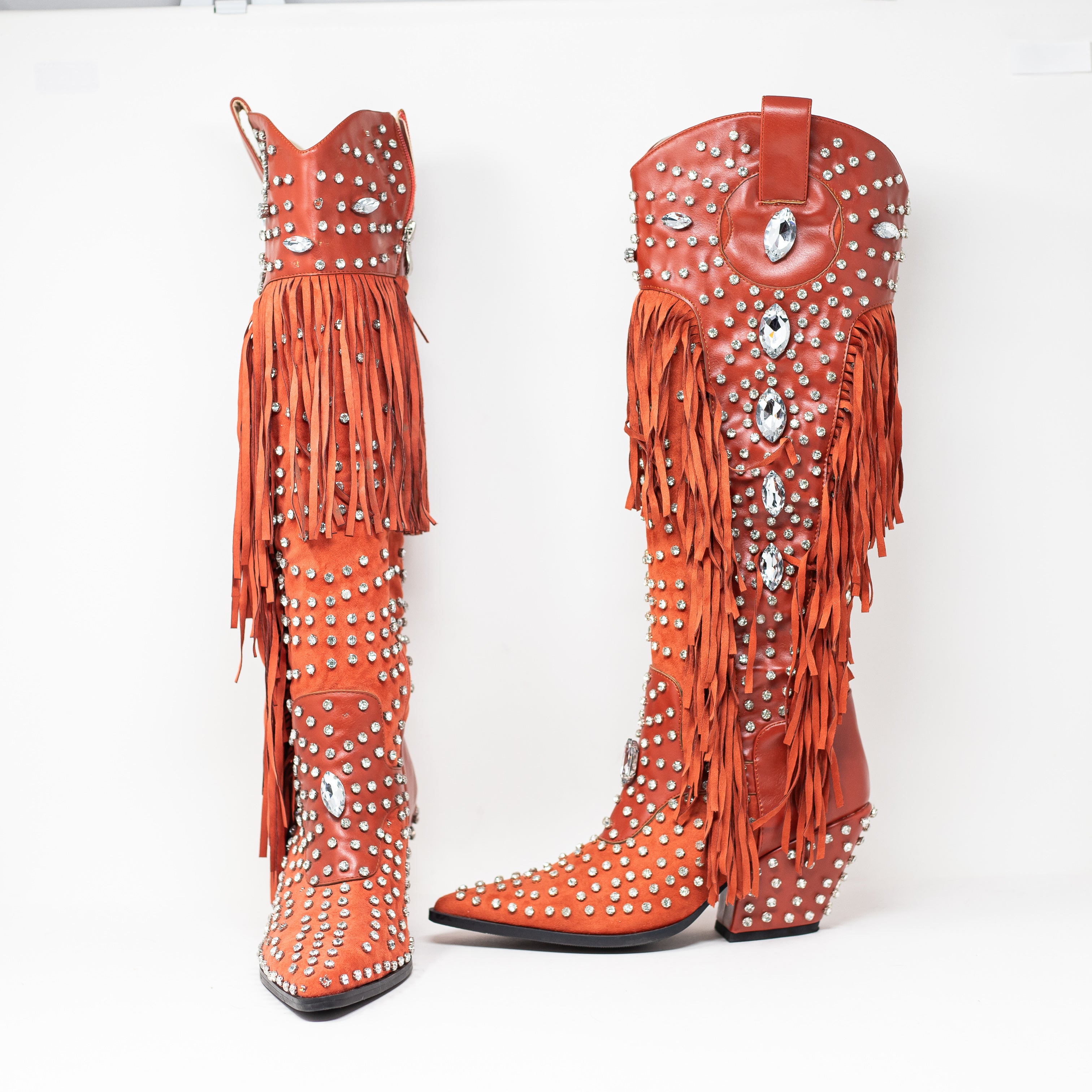 Azalea Wang Tado Crystal Rhinestone Embellished Fringe Western Boots Shoes 6