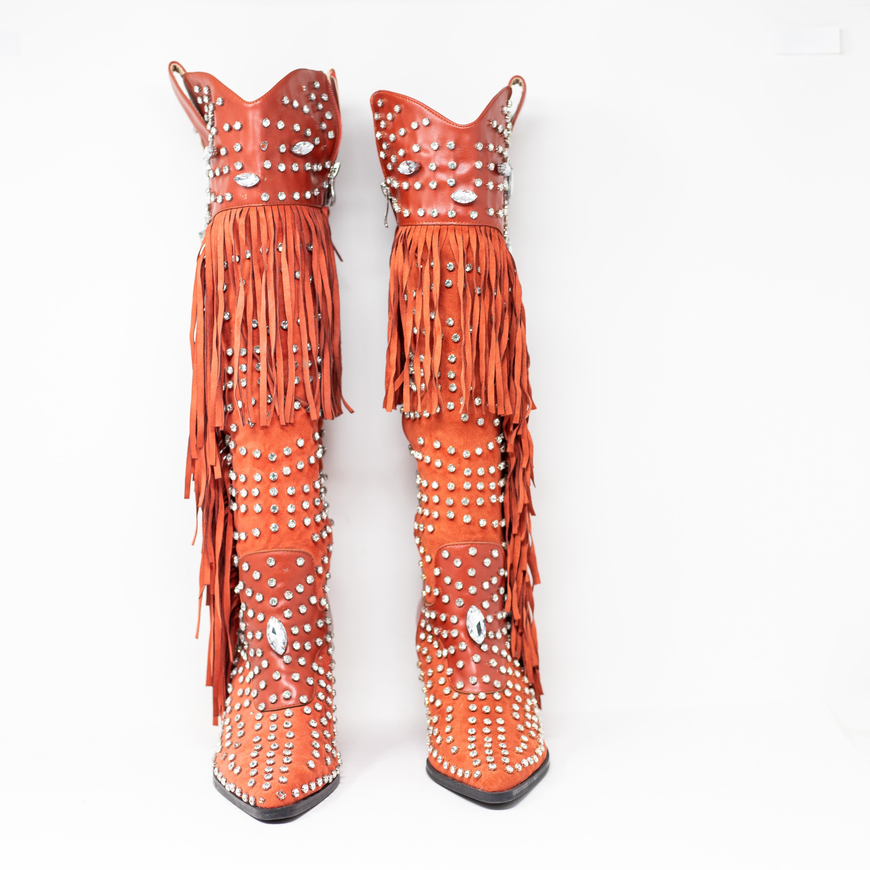 Azalea Wang Tado Crystal Rhinestone Embellished Fringe Western Boots Shoes 6