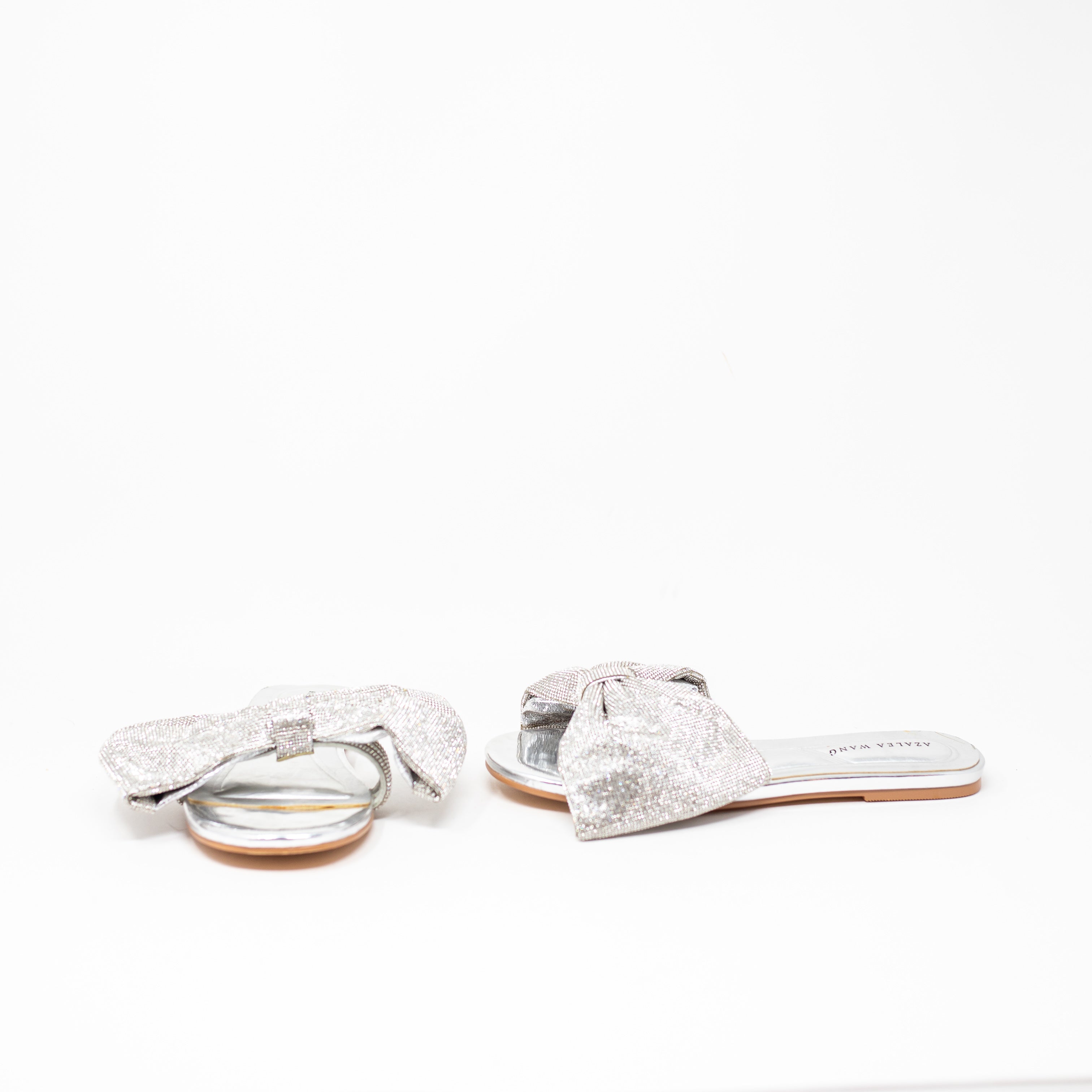 NEW Azalea Wang Bowton Crystal Rhinestone Silver Bow Detail Flat Sandals Shoes