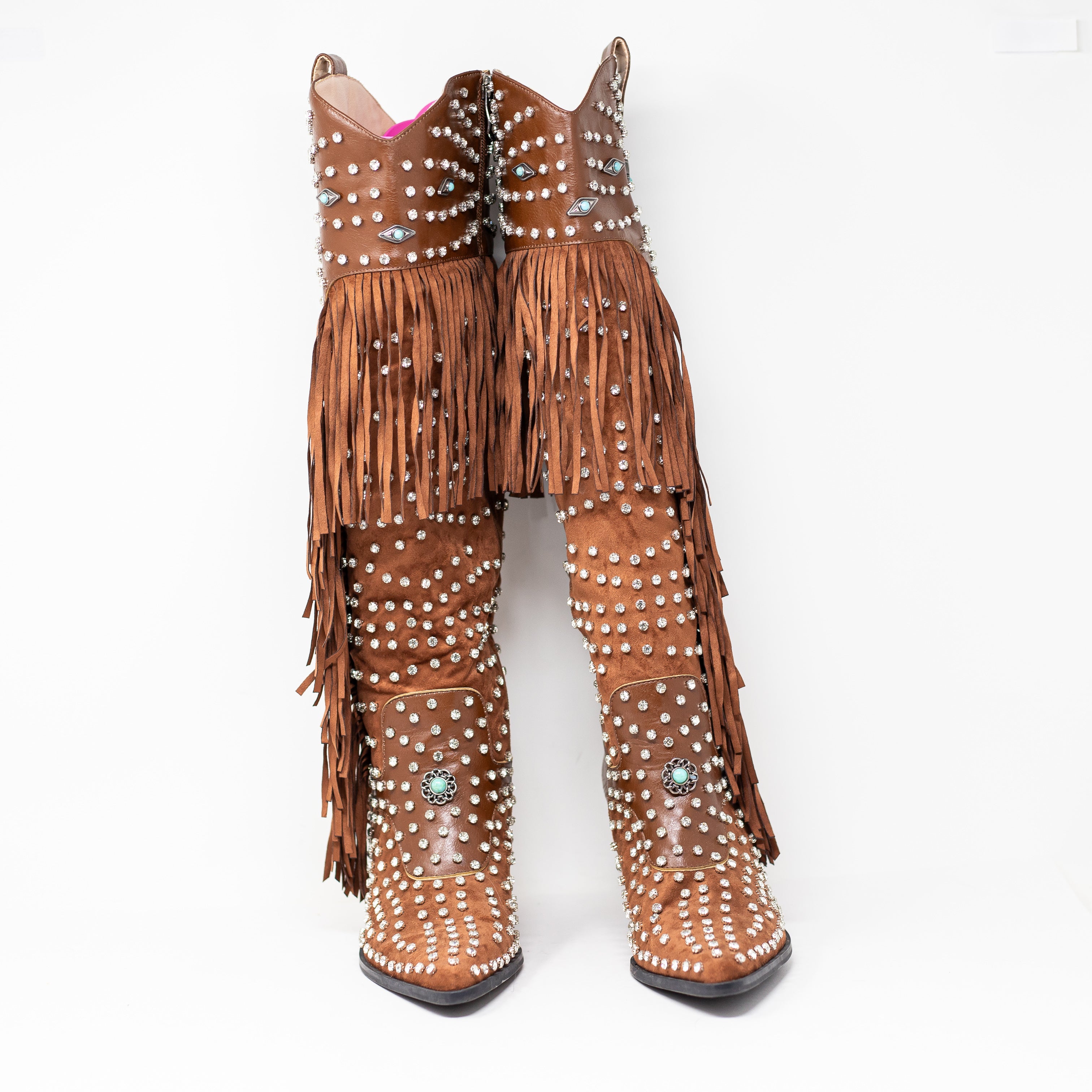 NEW Azalea Wang Bennett Crystal Rhinestone Turquoise Embellished Fringe Boots