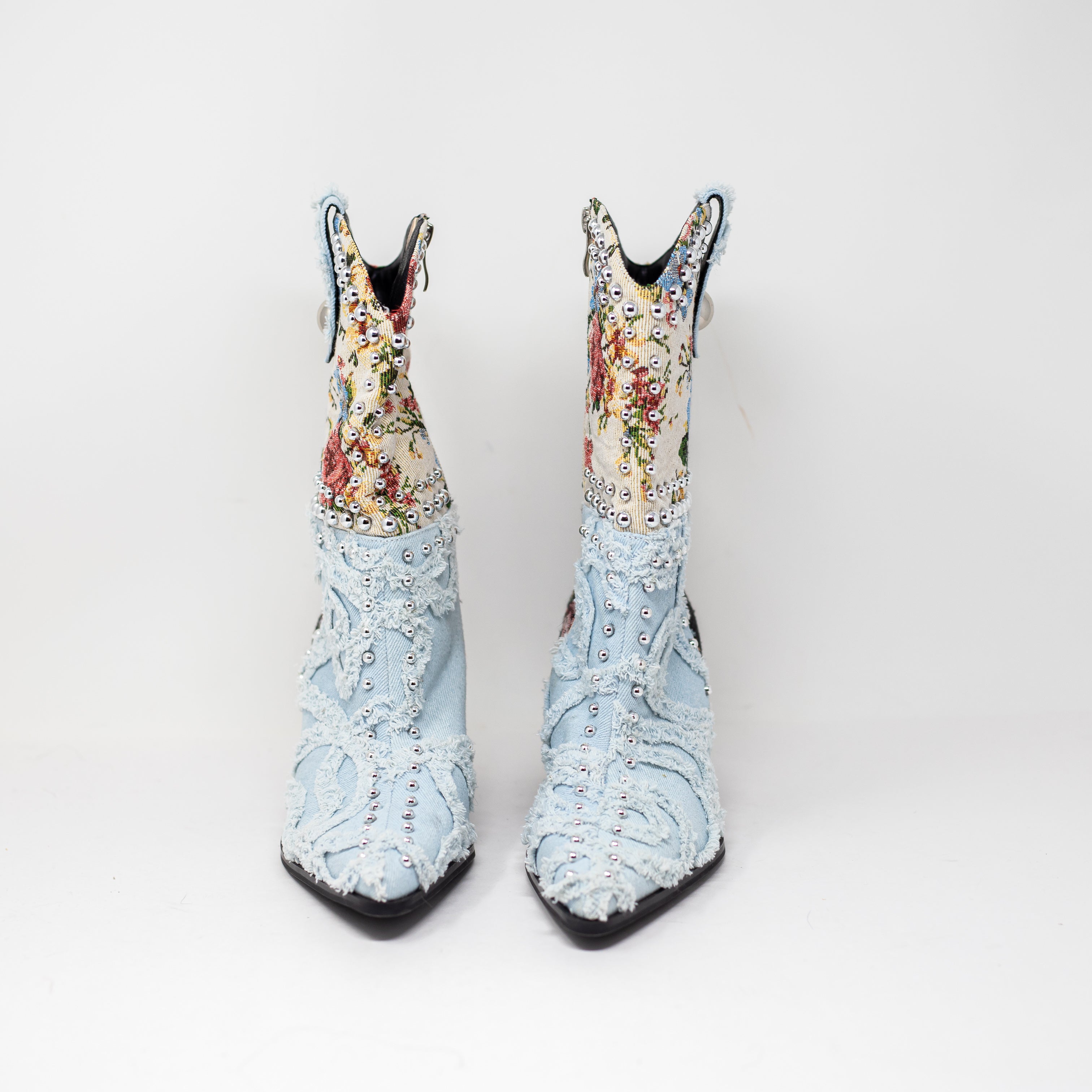 NEW Azalea Wang Akari Denim Multi Patchwork Western Ankle Heel Booties Shoes 7