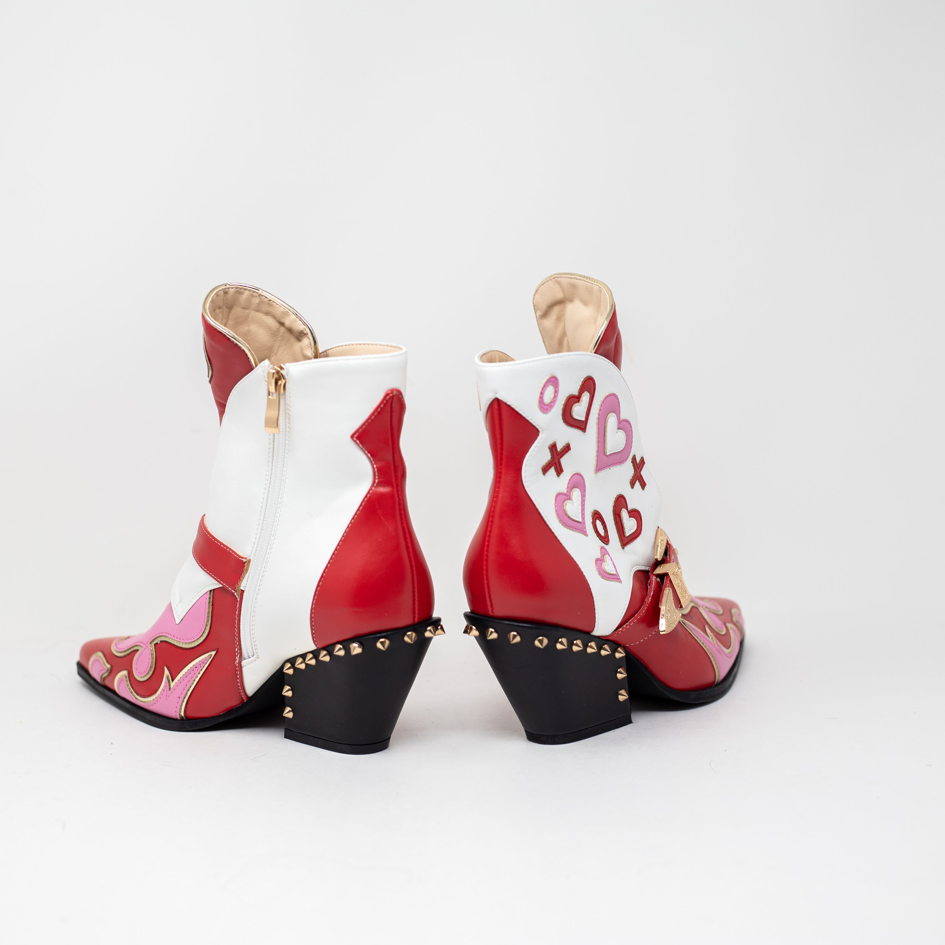 NEW Azalea Wang Besos X And O Faux Leather Studded Ankle Booties Shoes Red Pink