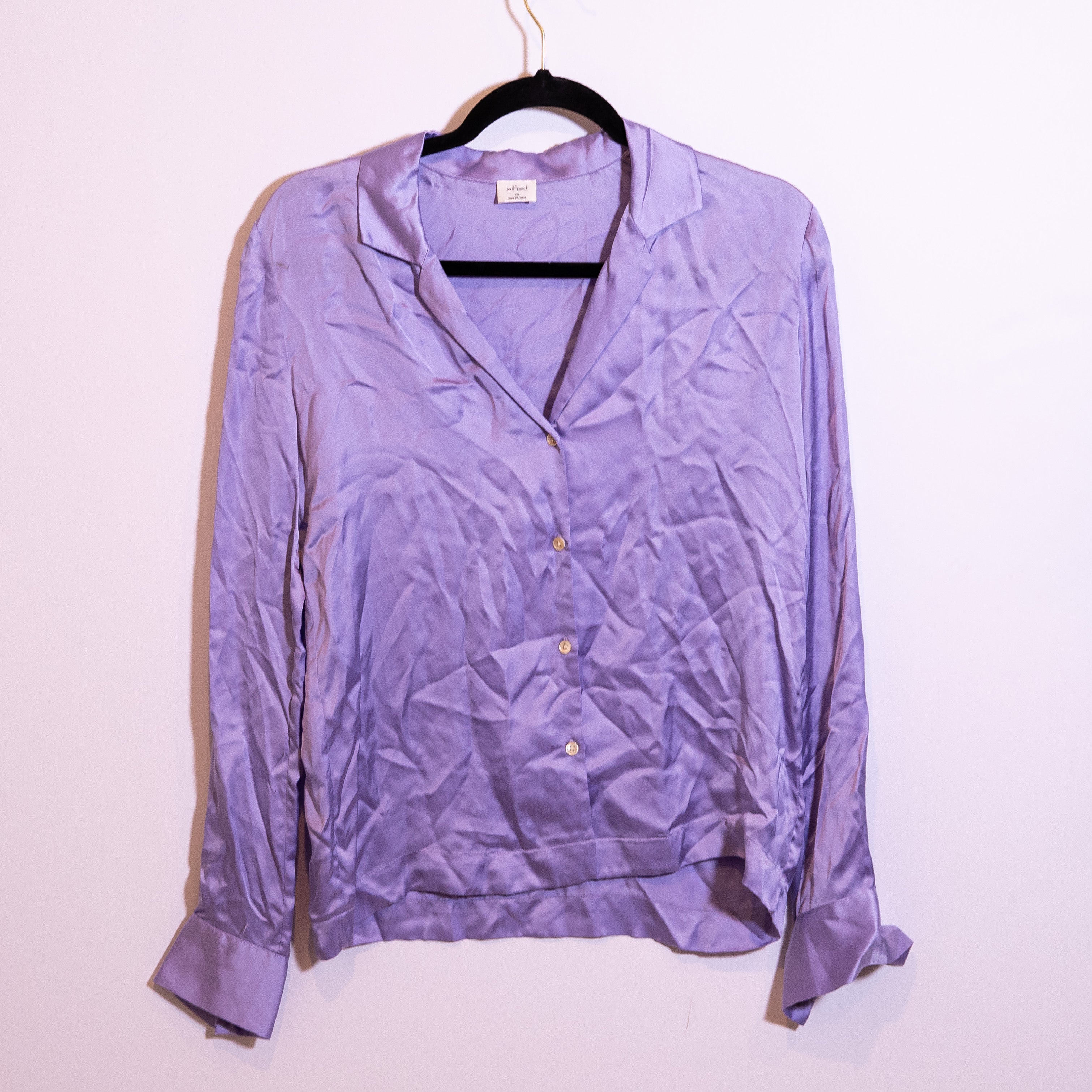 Wilfred Aritzia Peaufiner Satin Collared Long Sleeve Button Blouse Soft Lilac XS