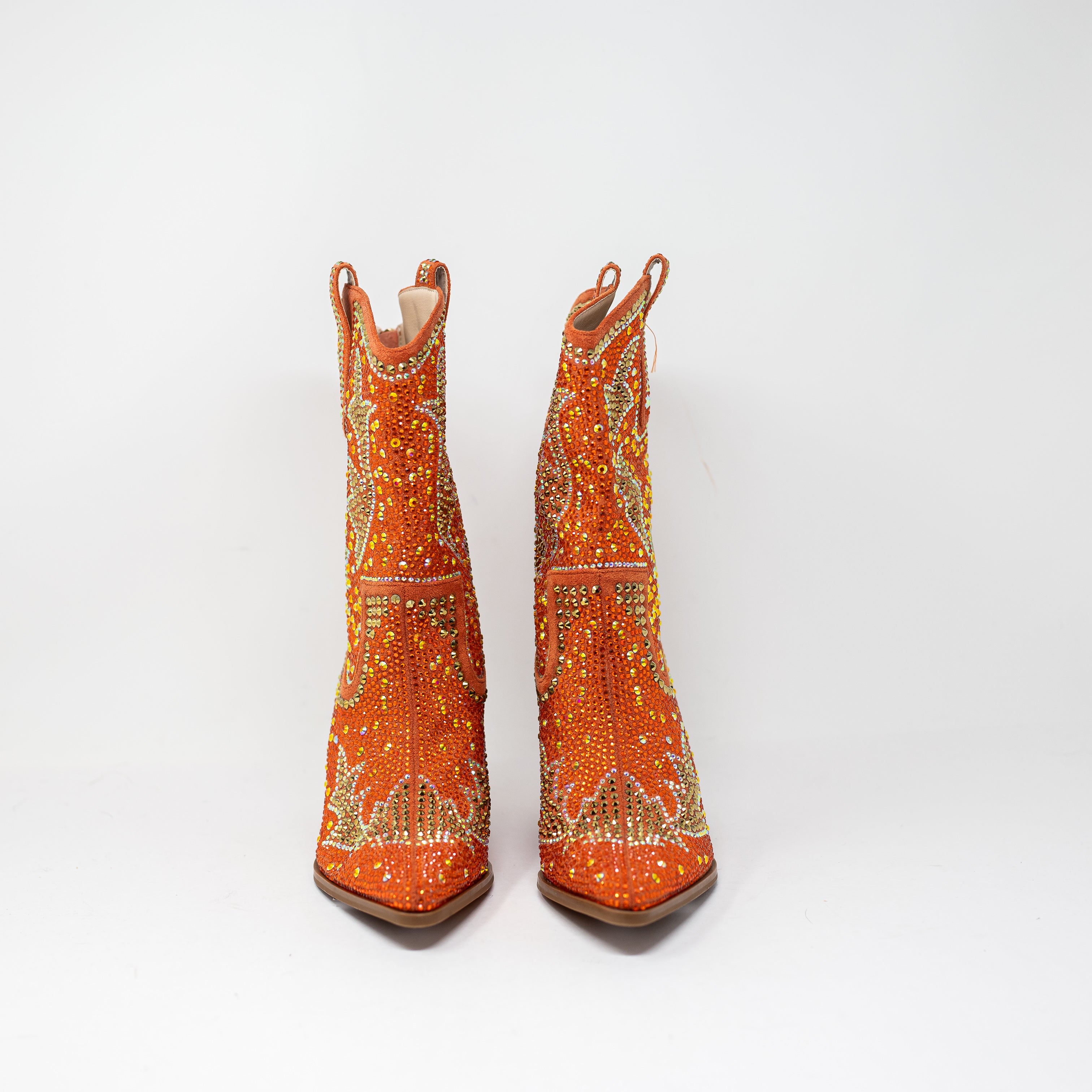 NEW Azalea Wang Scott Crystal Jewel Rhinestone Western Booties Shoes Orange 7