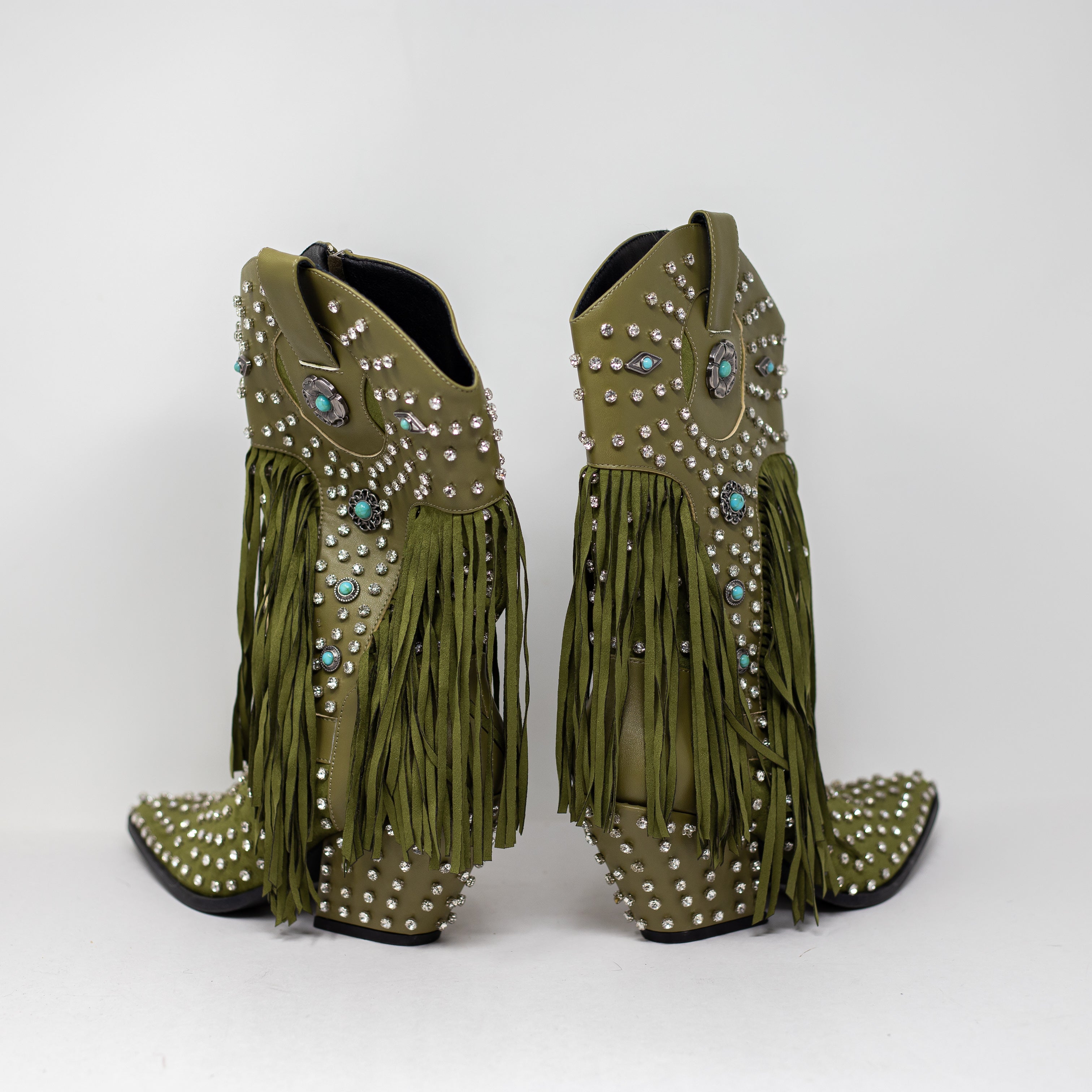 NEW Azalea Wang Greyson Crystal Rhinestone Fringe Faux Leather Western Boots 7