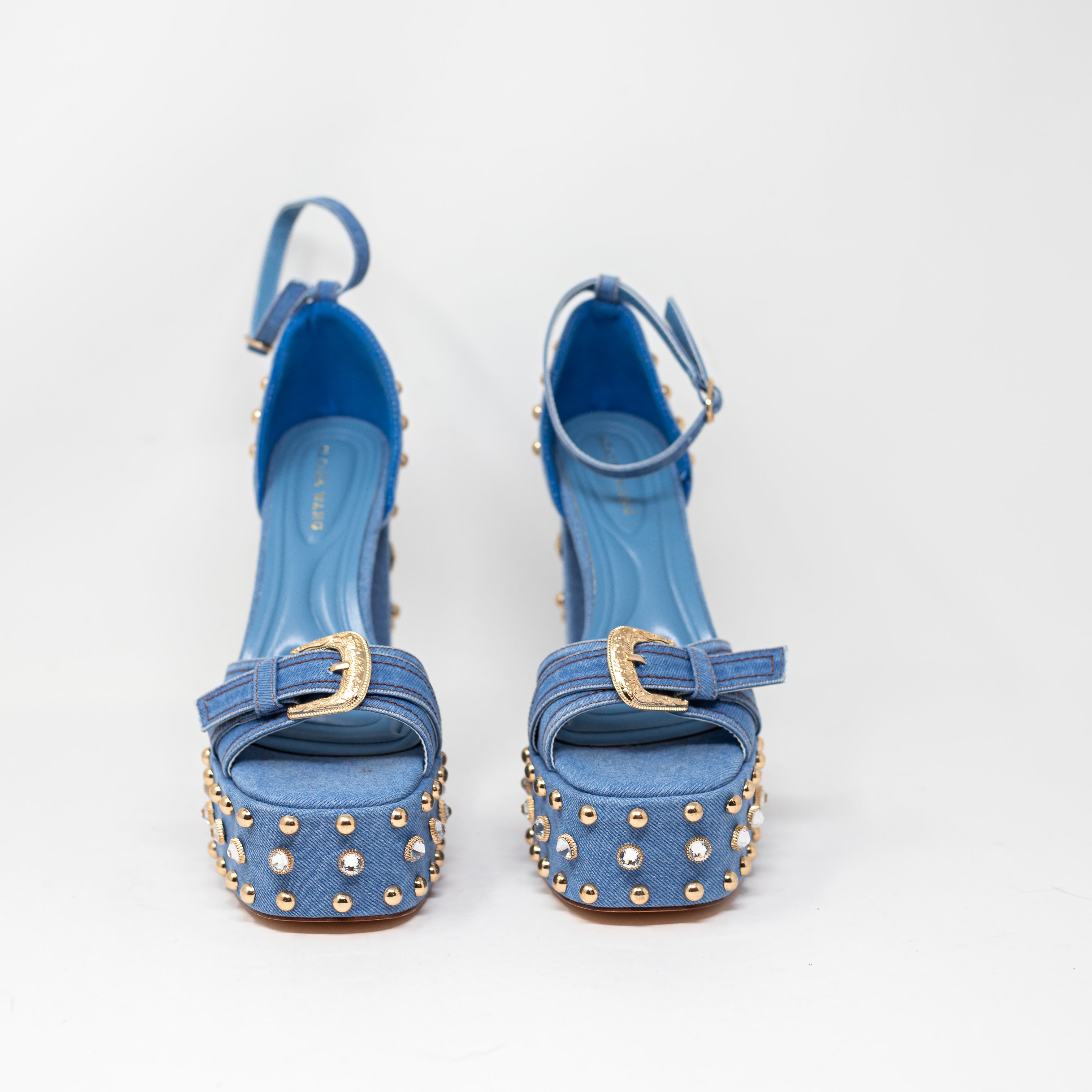 NW Azalea Wang Evgenia Denim Platform Studded Embellished Sandals Heels Blue 6