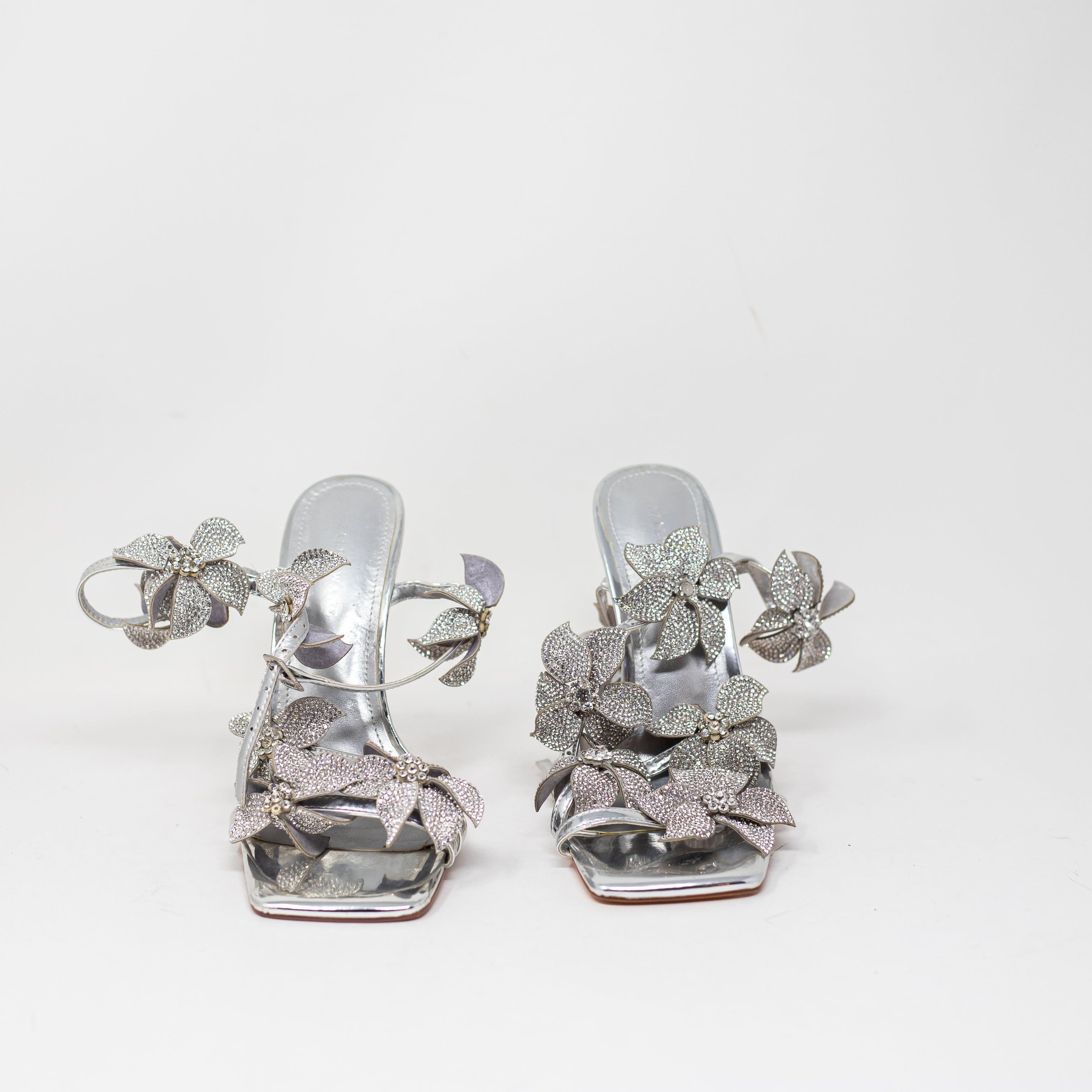 Azalea Wang Romi Stiletto Crystal Rhinestone Floral High Heel Sandal Shoe Silver