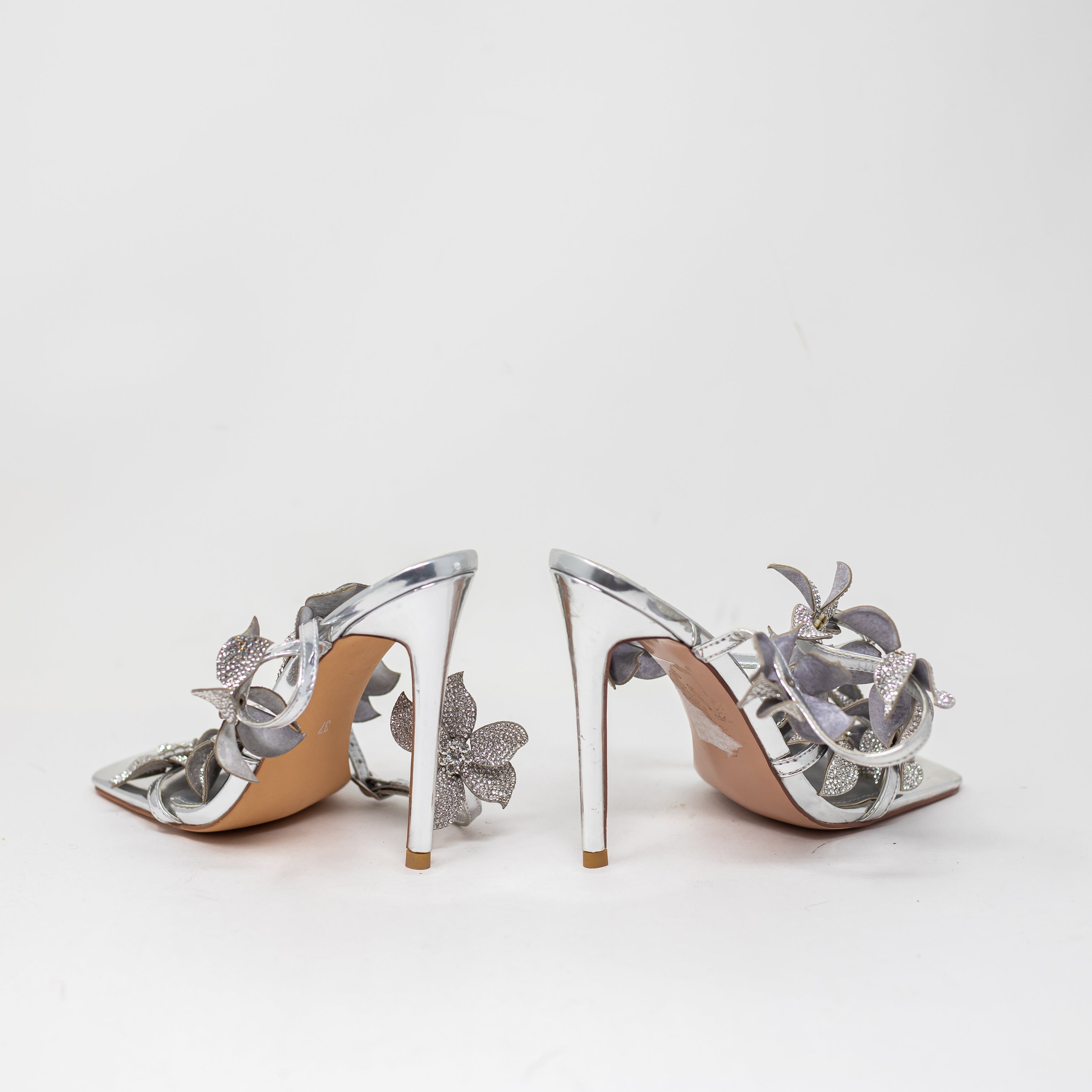 Azalea Wang Romi Stiletto Crystal Rhinestone Floral High Heel Sandal Shoe Silver
