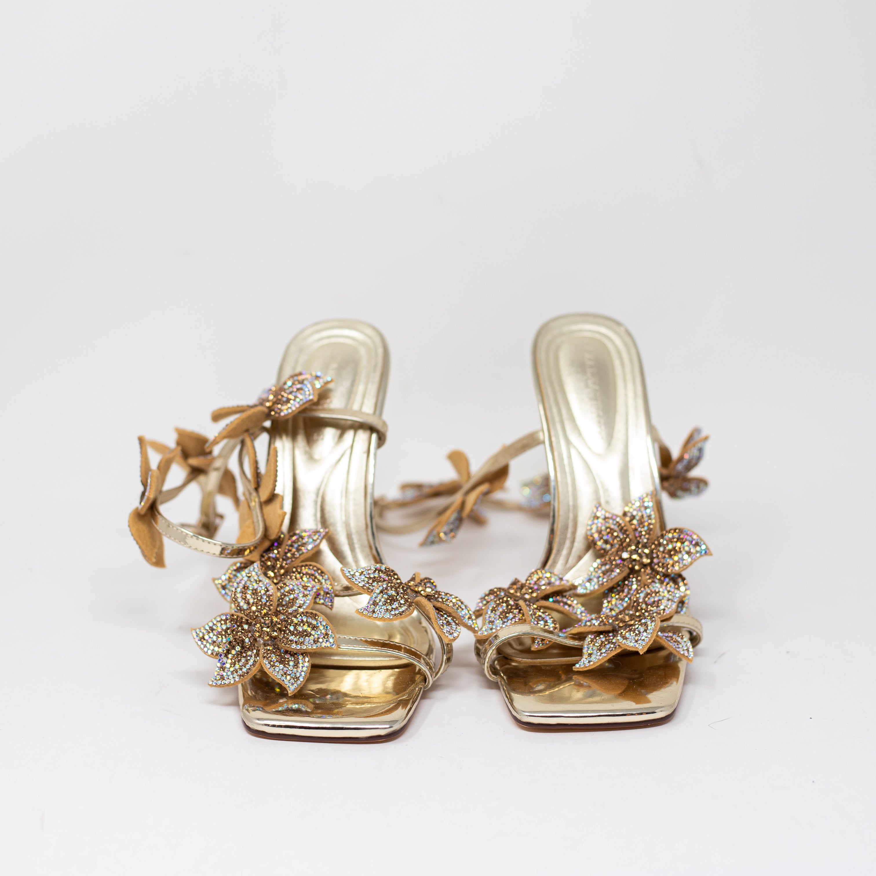 Azalea Wang Romi Stiletto Crystal Rhinestone Floral High Heel Sandal Shoe Gold 7