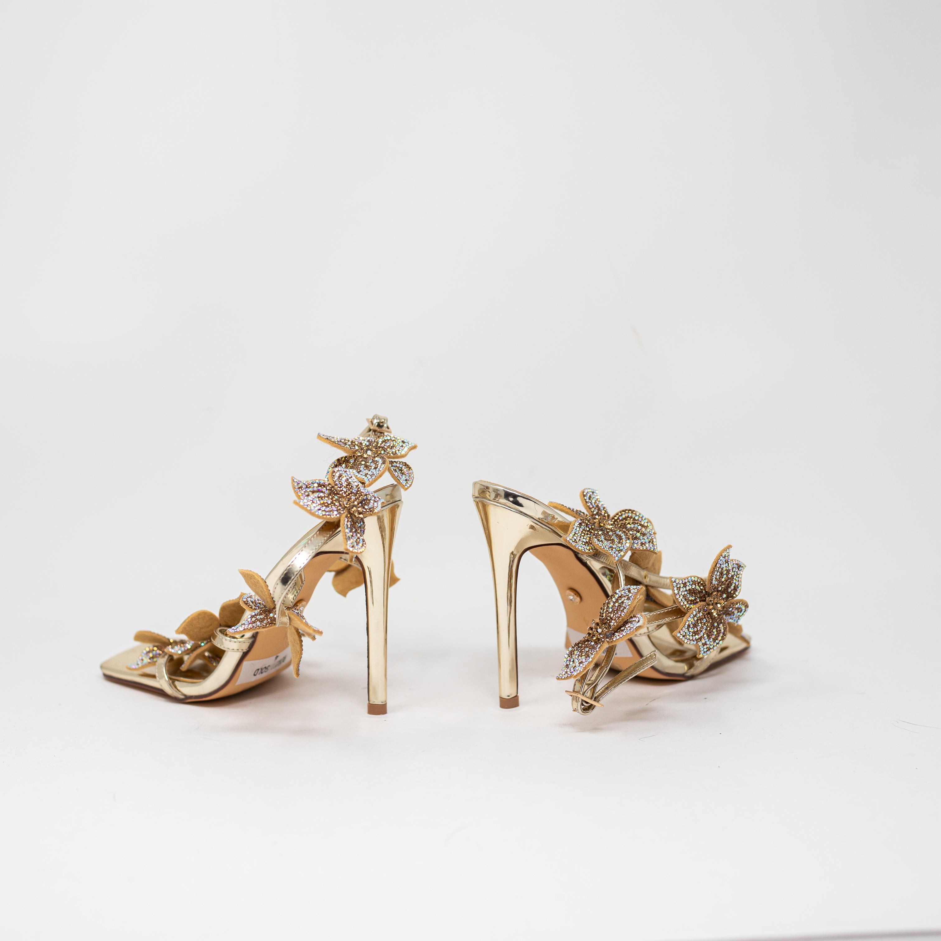Azalea Wang Romi Stiletto Crystal Rhinestone Floral High Heel Sandal Shoe Gold 7