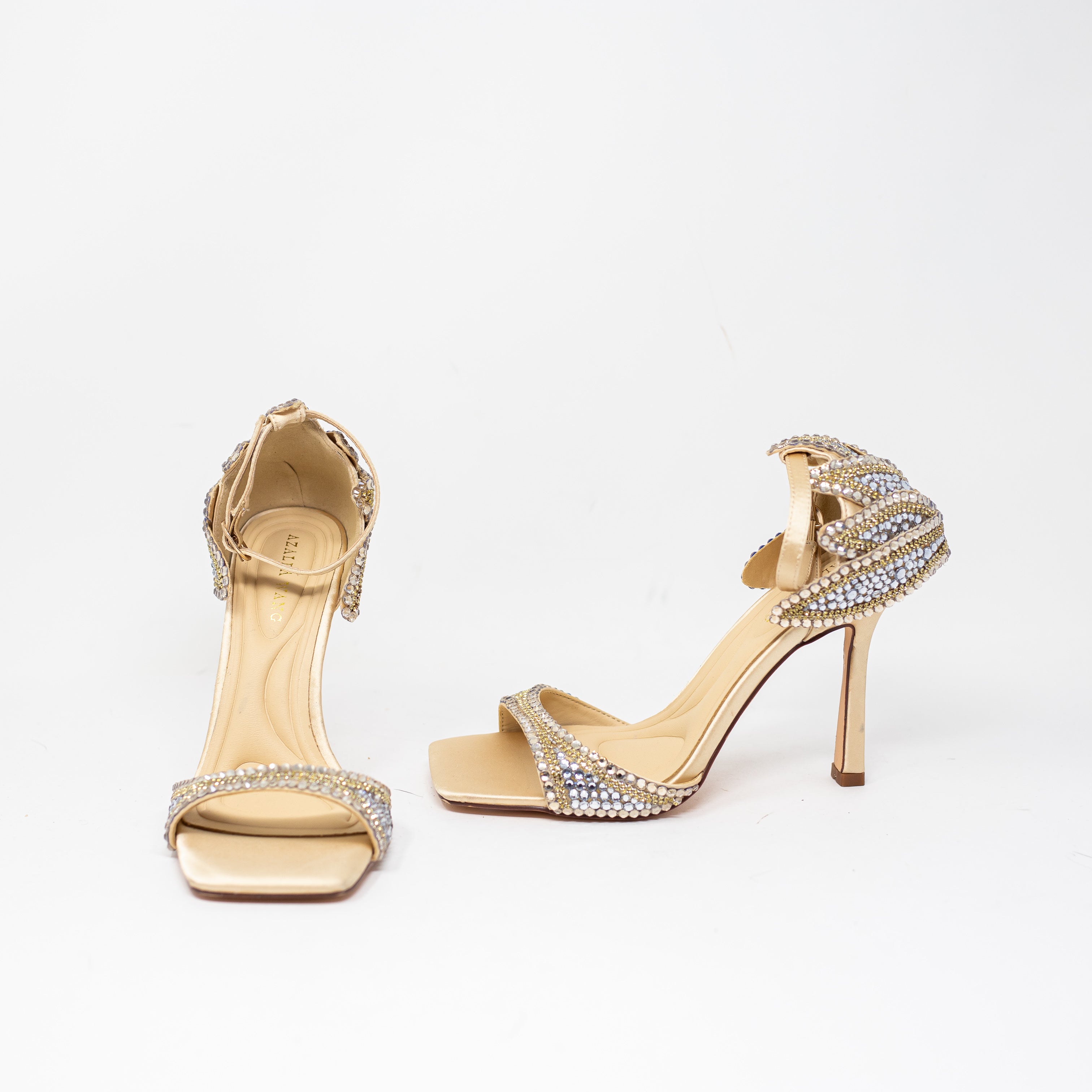 NEW Azalea Wang Rusyn Ankle Strap Crystal Rhinestone Jewel High Heels Gold 7