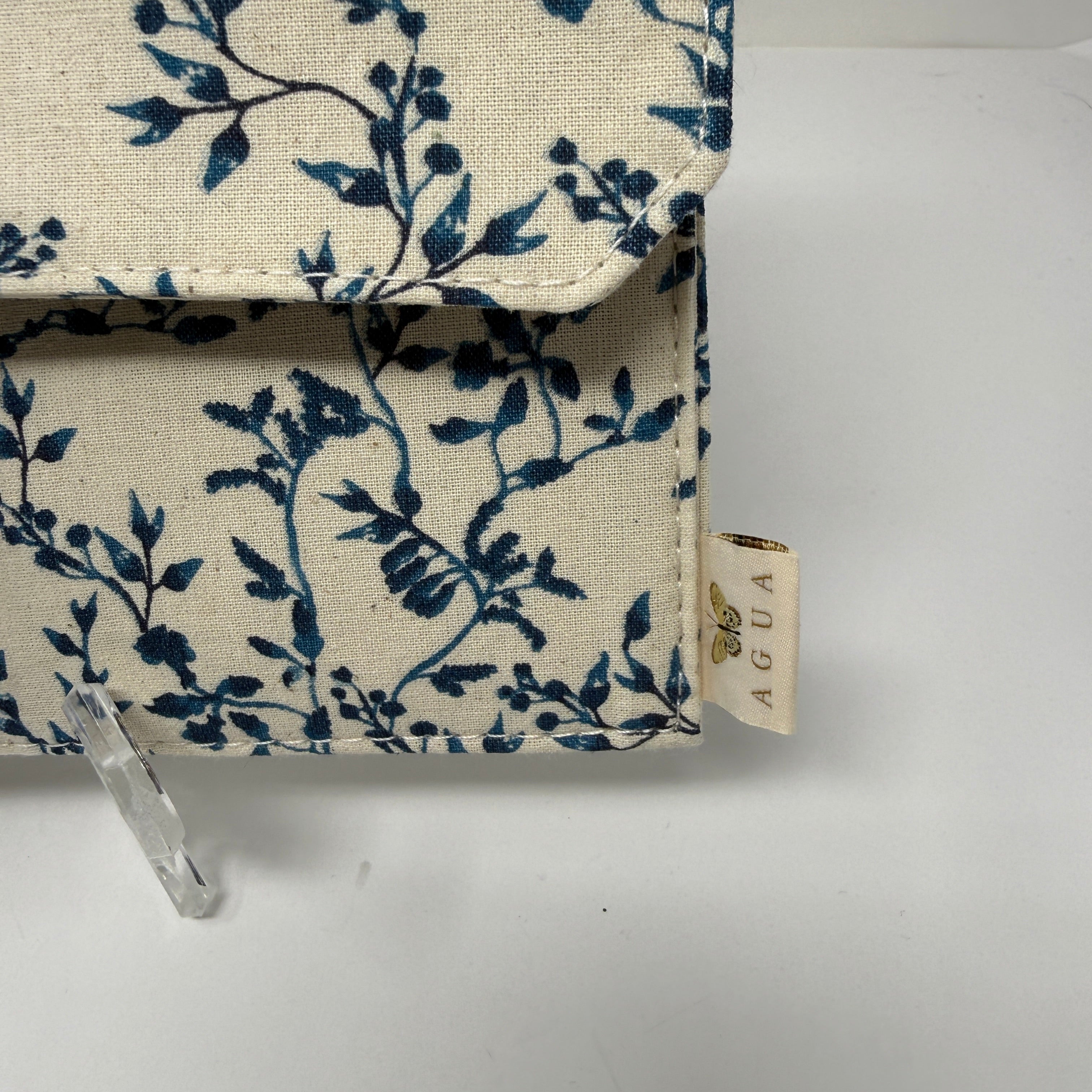 Agua Bendita Cotton Canvas Foldover Clutch Purse Bag Ivory Blue Floral Flower