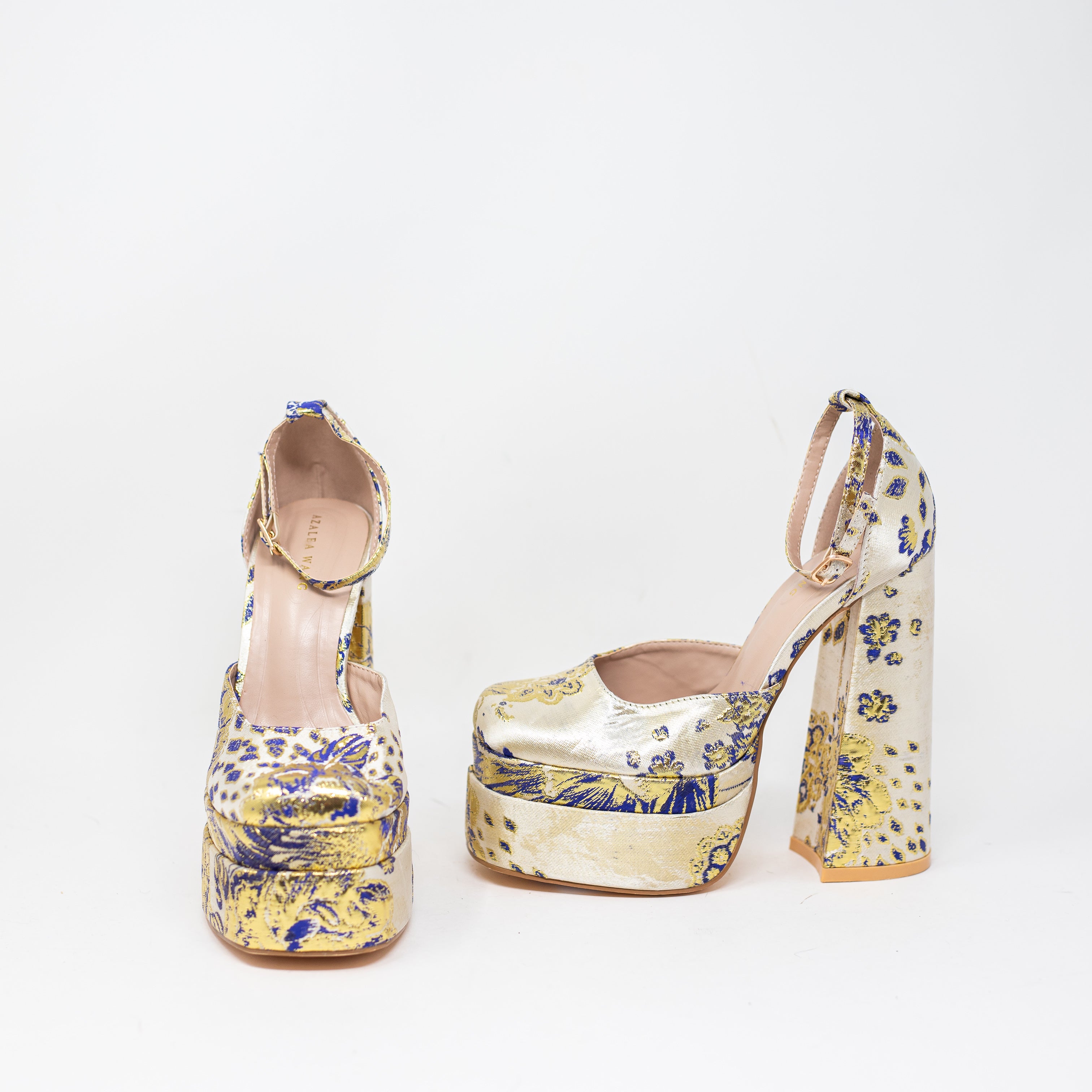 NEW Azalea Wang Zipphora Gold Brocade Platform Ankle Strap Maryjane Pump Heels 6