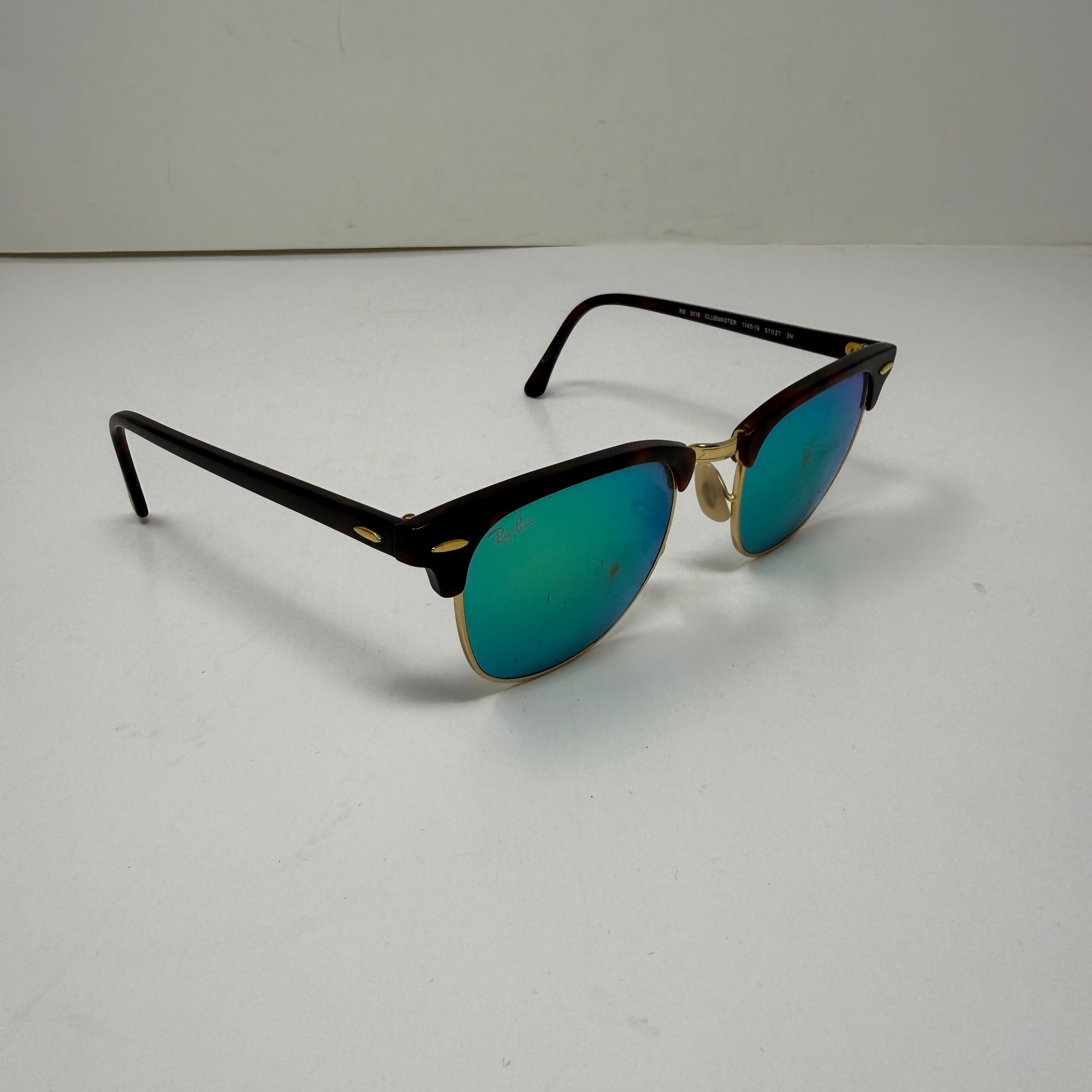 Ray Ban Clubmaster Classic Tortoise Shell Frame Mirrored Green Lenses Sunglasses