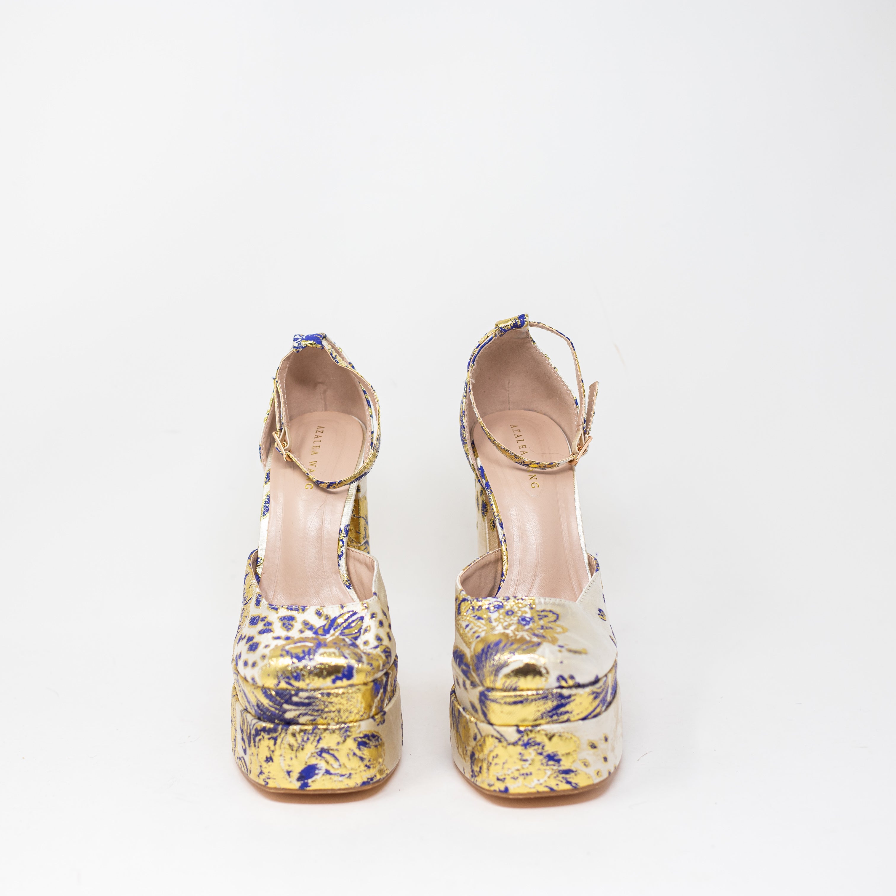 NEW Azalea Wang Zipphora Gold Brocade Platform Ankle Strap Maryjane Pump Heels 6