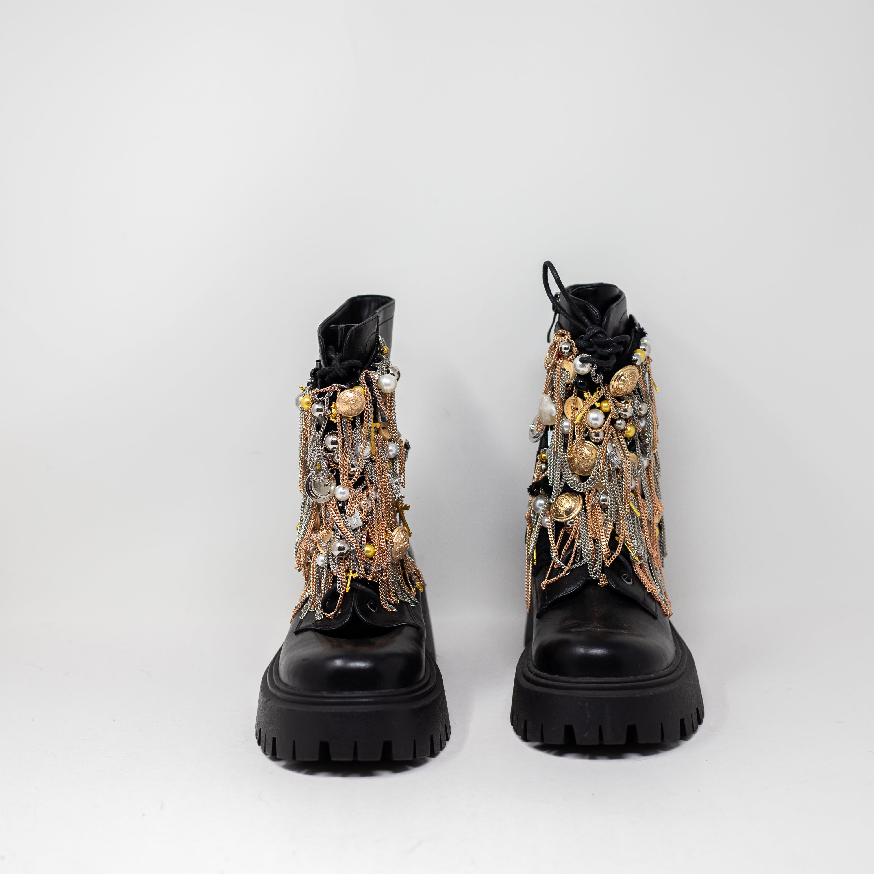 NEW Azalea Wang Megumi Black Metal Hardware Embellished Combat Booties Shoes 7
