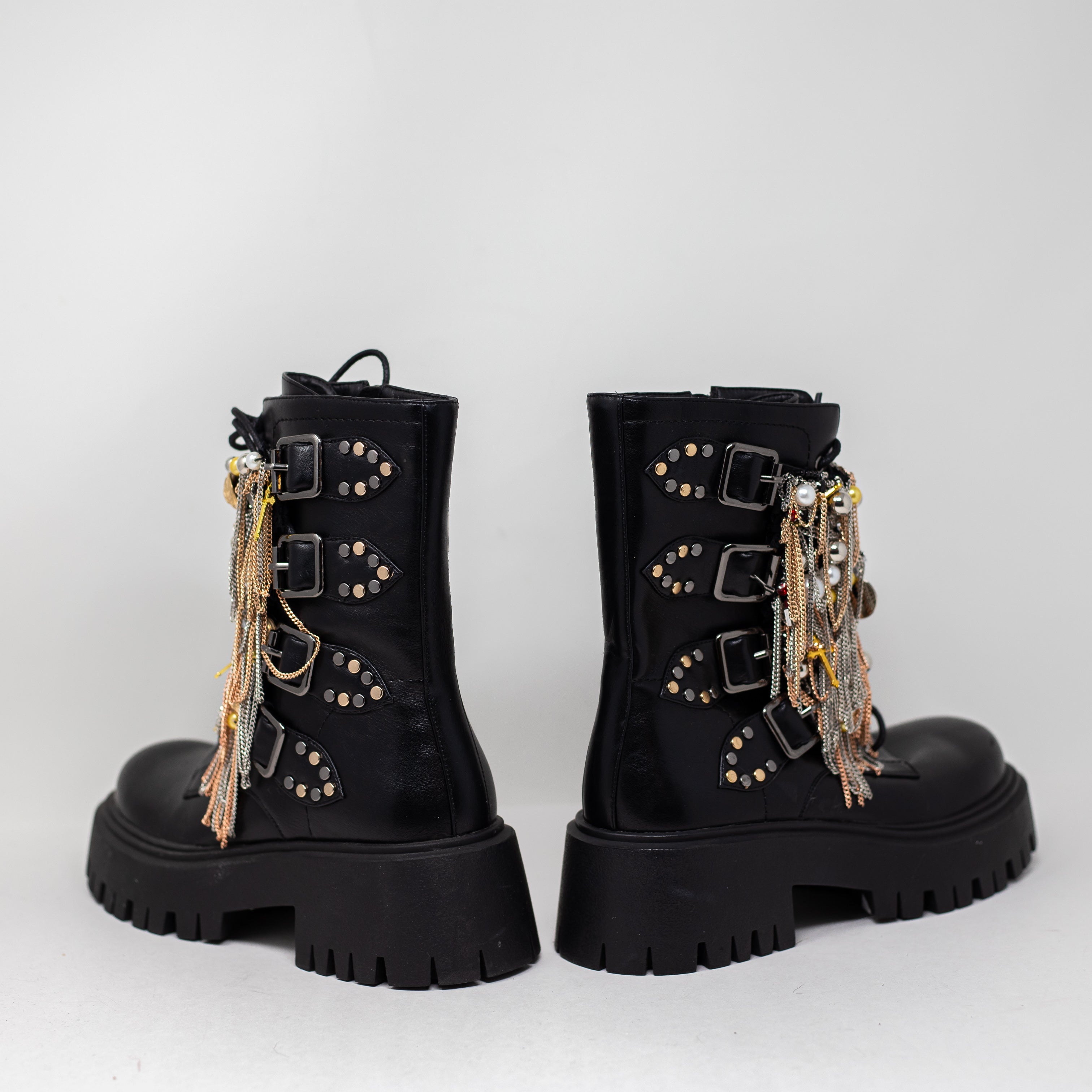 NEW Azalea Wang Megumi Black Metal Hardware Embellished Combat Booties Shoes 7