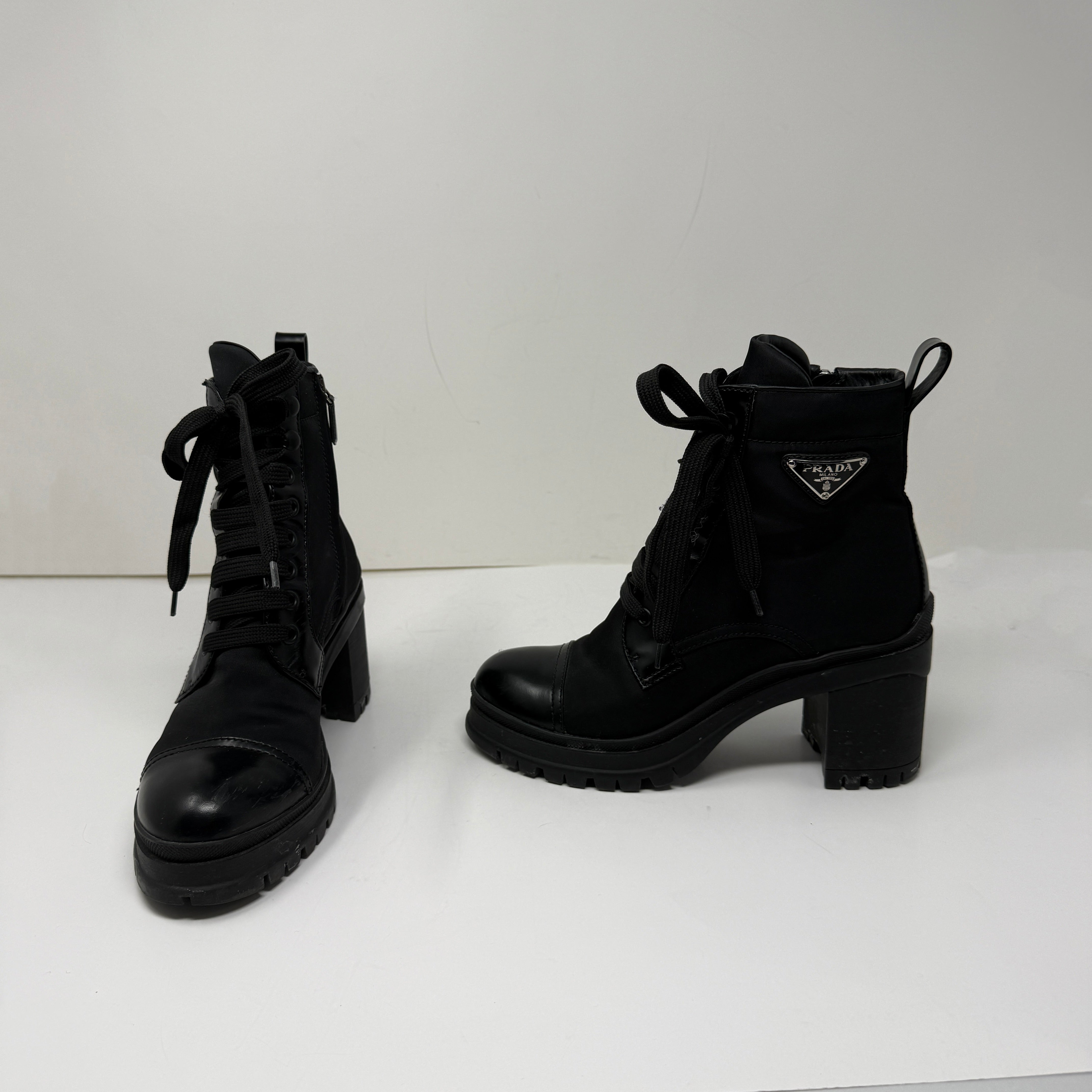 Prada Women's Re-Nylon And Leather Block Heel Ankle Combat Booties Boots Shoes
