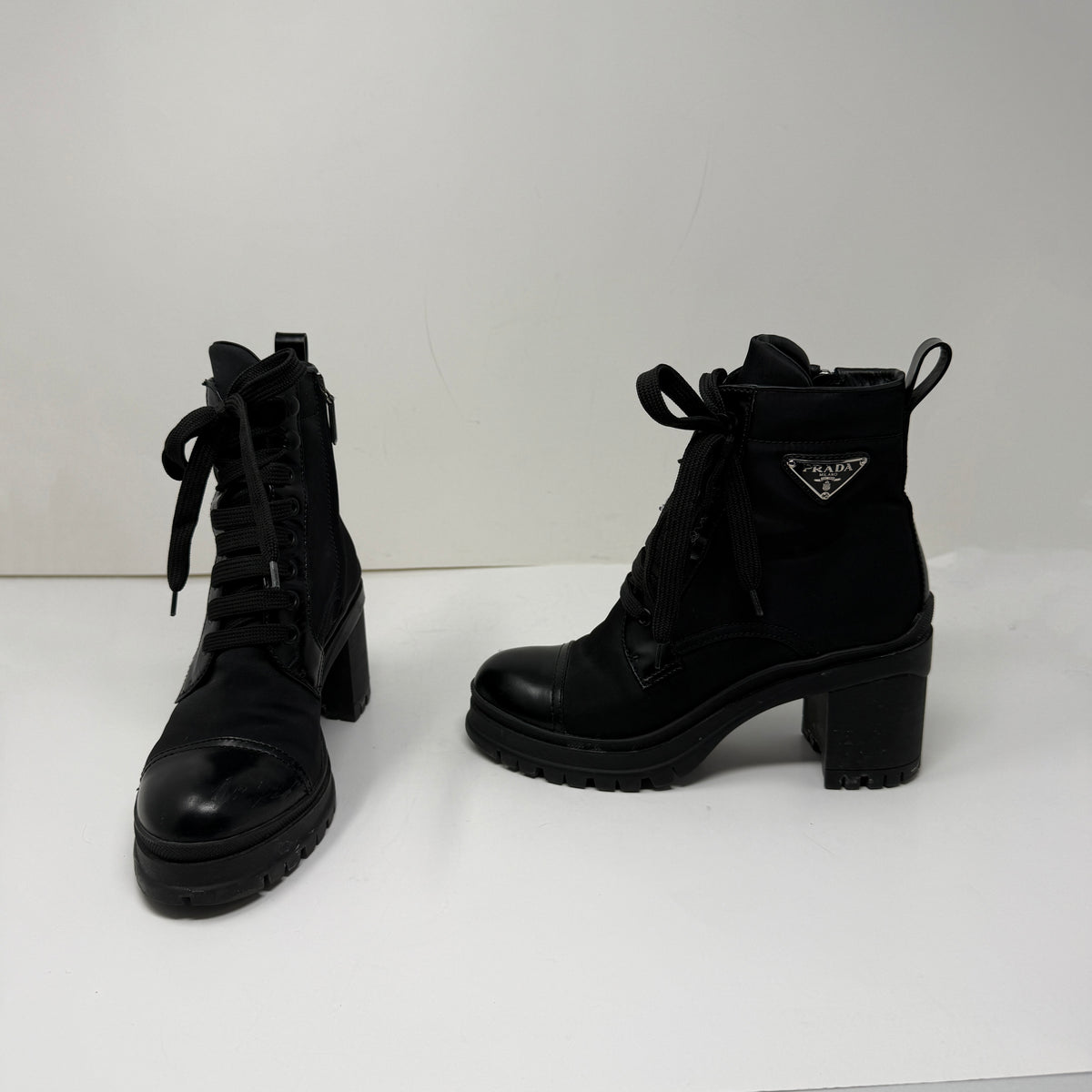 Prada Women's Re-Nylon And Leather Block Heel Ankle Combat Booties Boots Shoes