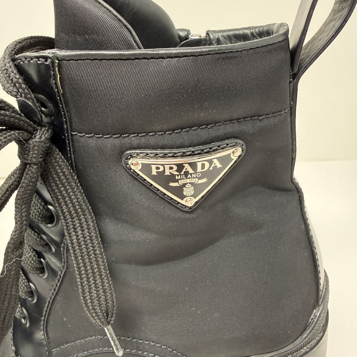 Prada Women's Re-Nylon And Leather Block Heel Ankle Combat Booties Boots Shoes
