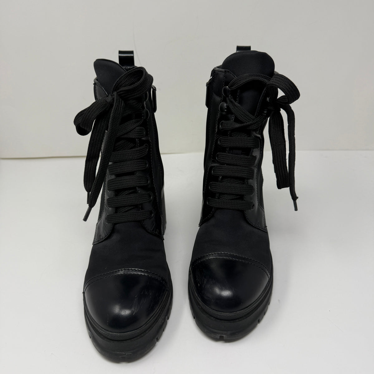 Prada Women's Re-Nylon And Leather Block Heel Ankle Combat Booties Boots Shoes